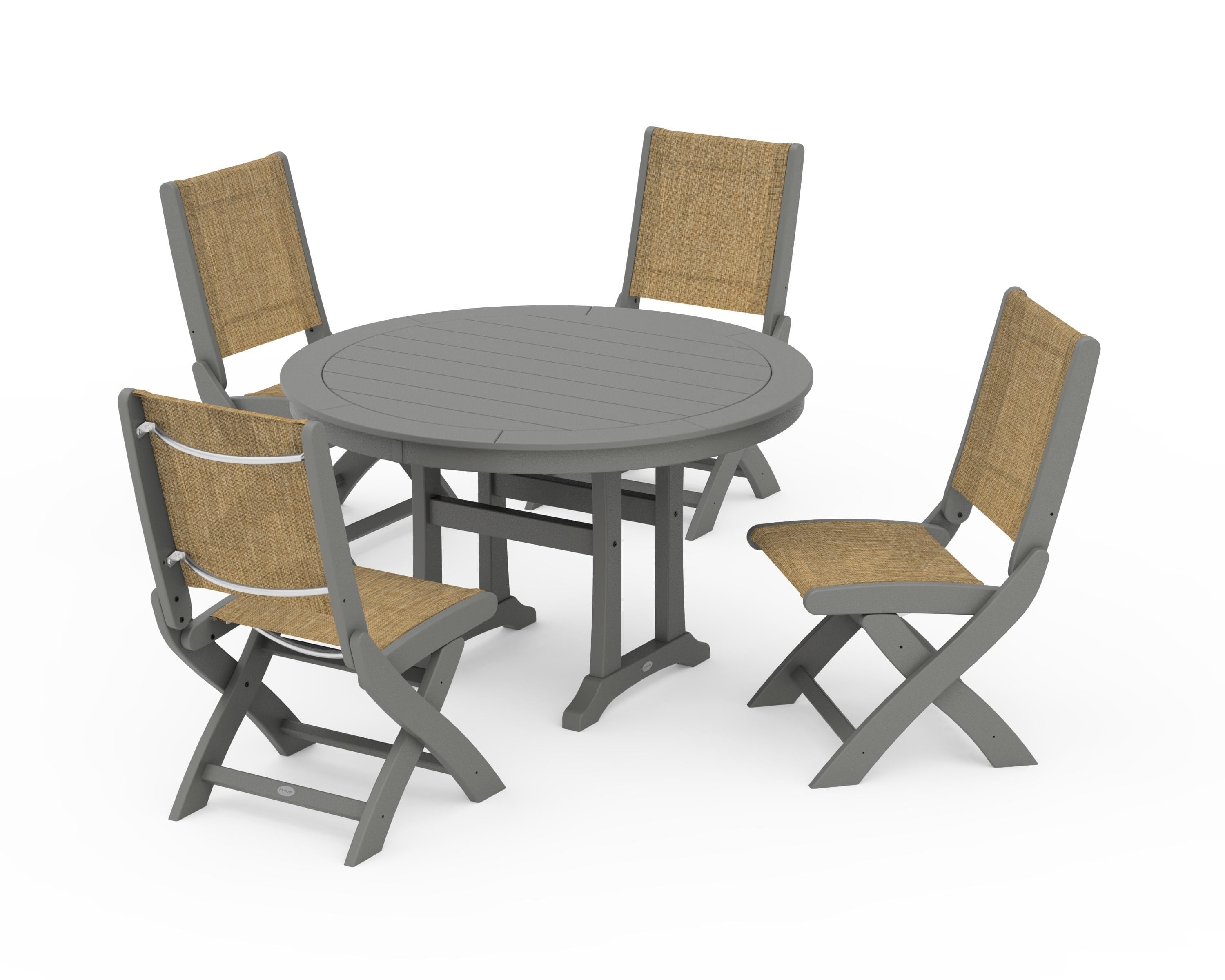 POLYWOOD Coastal Folding Side Chair 5-Piece Round Dining Set With Trestle Legs in Slate Grey / Burlap Sling