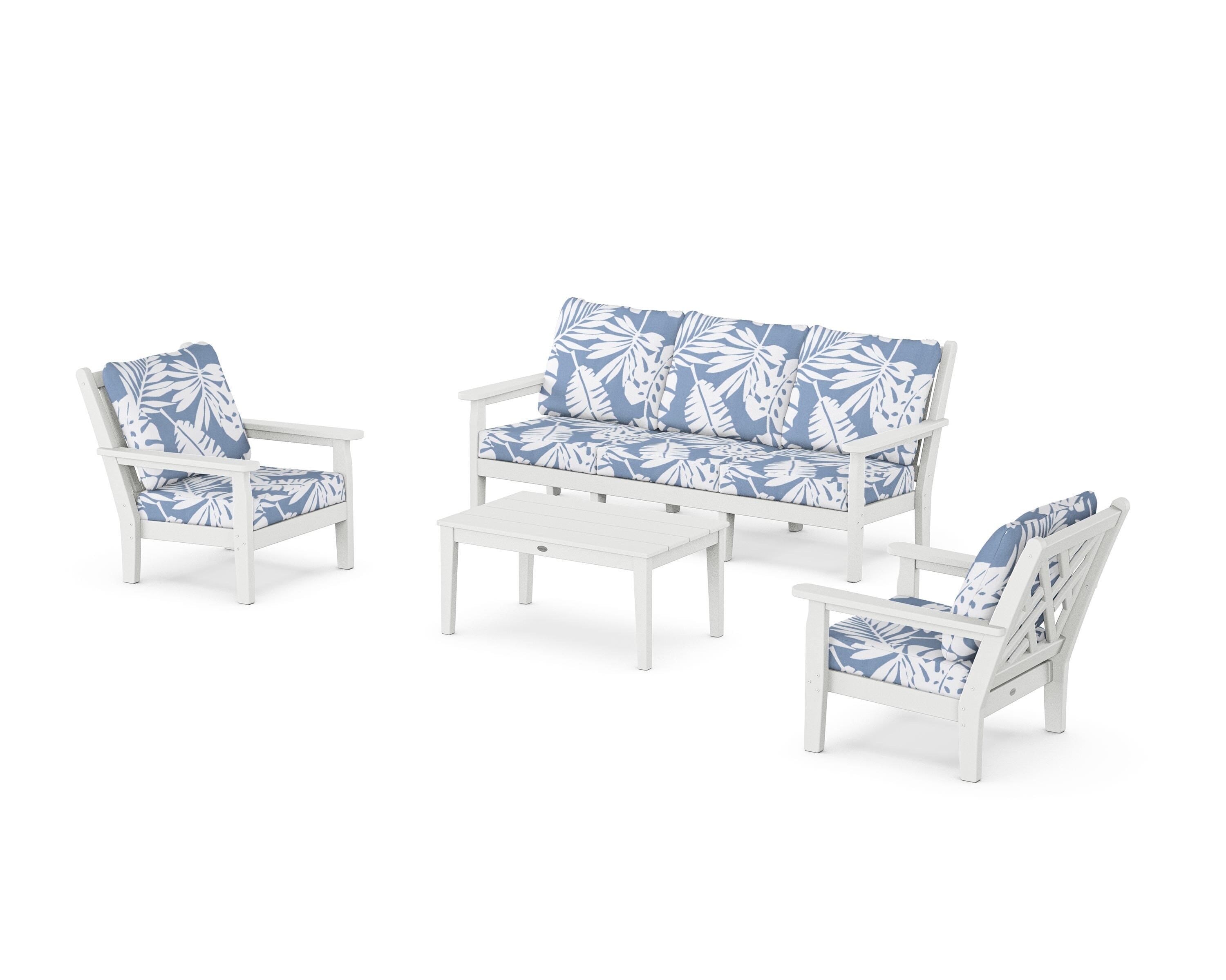 POLYWOOD Chippendale 4-Piece Deep Seating Set with Sofa in White / Leaf Sky Blue