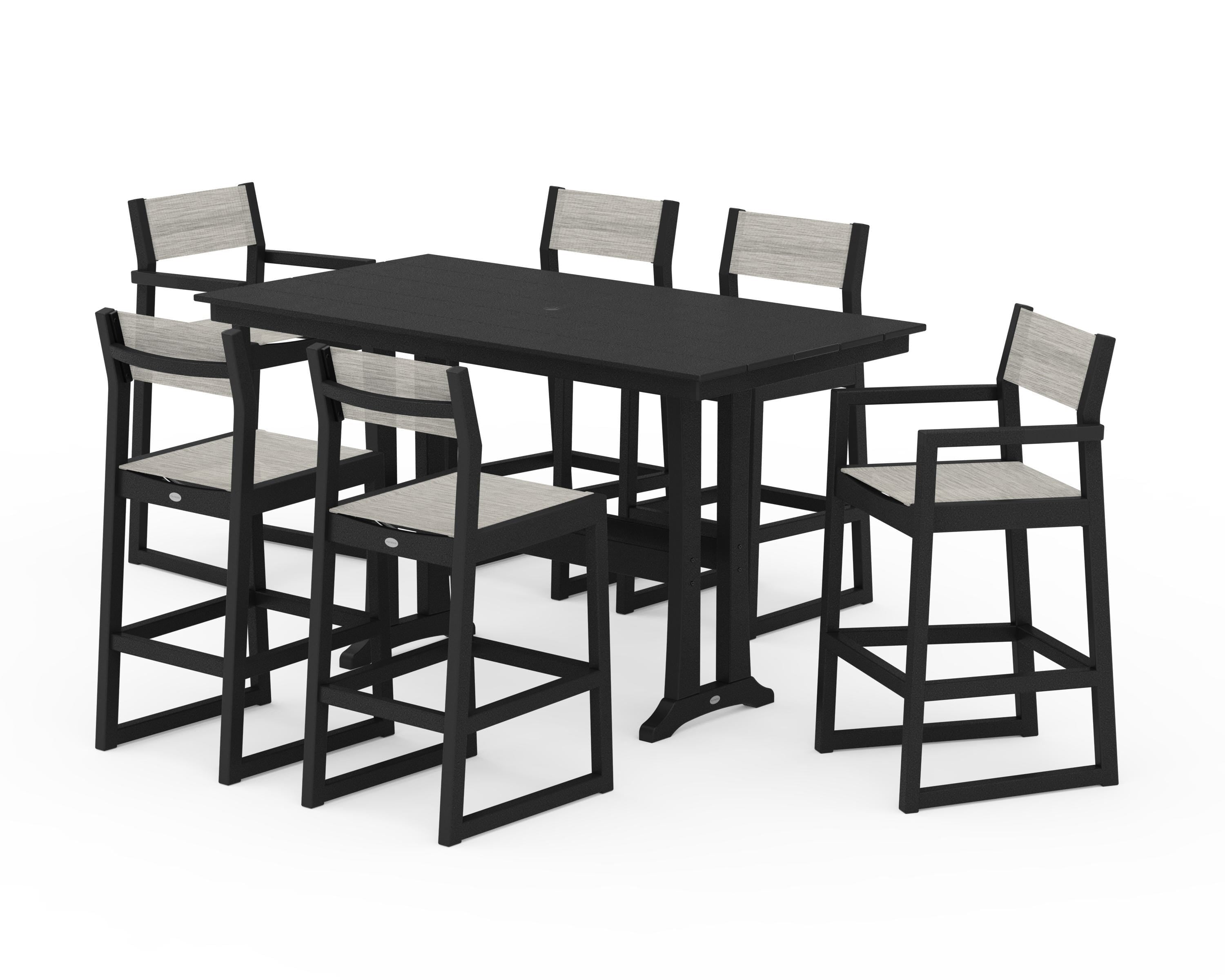POLYWOOD EDGE Sling 7-Piece Farmhouse Bar Set with Trestle Legs in Black / Birch Sling