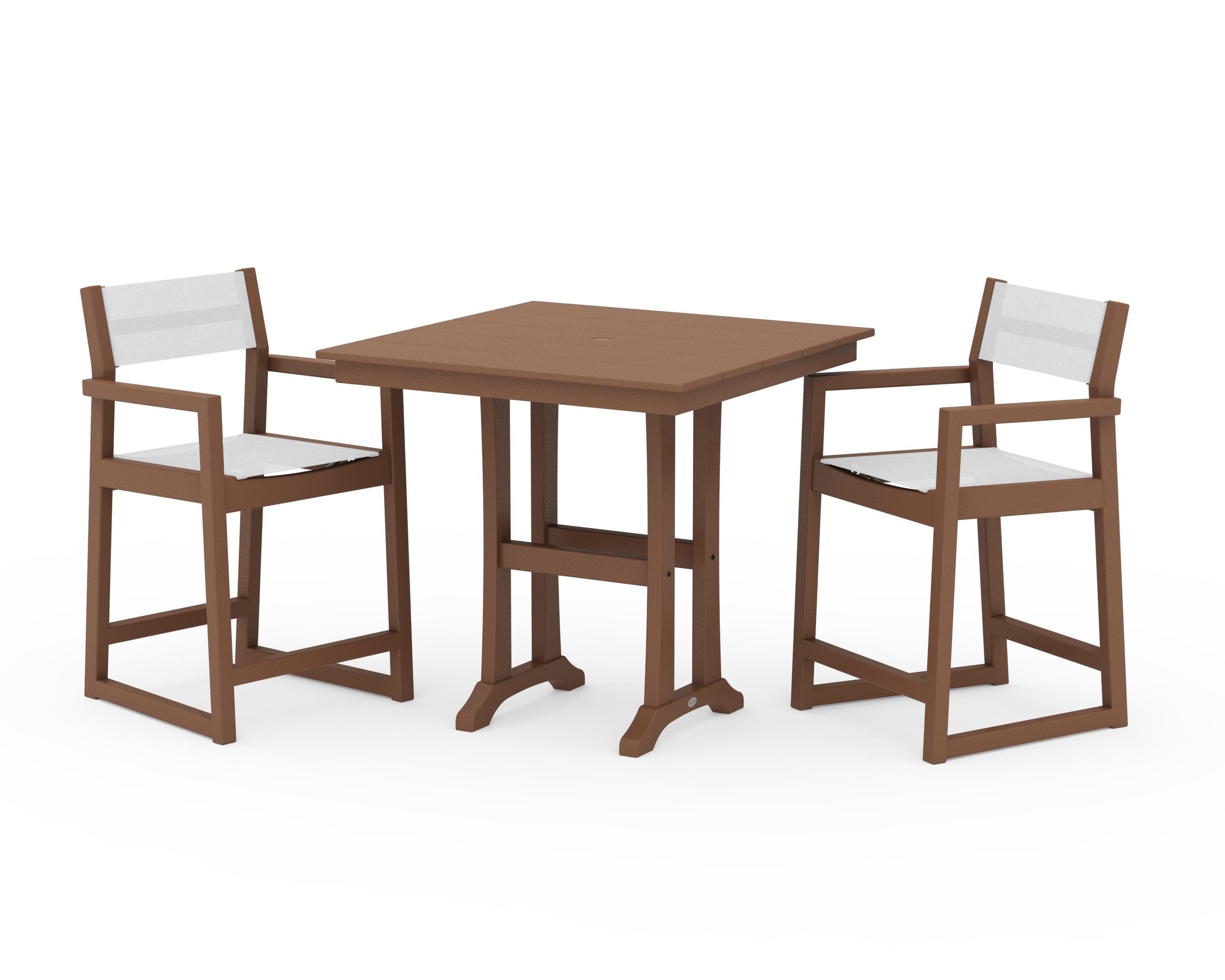 POLYWOOD EDGE Sling Arm Chair 3-Piece Farmhouse Counter Set with Trestle Legs in Teak / White Sling