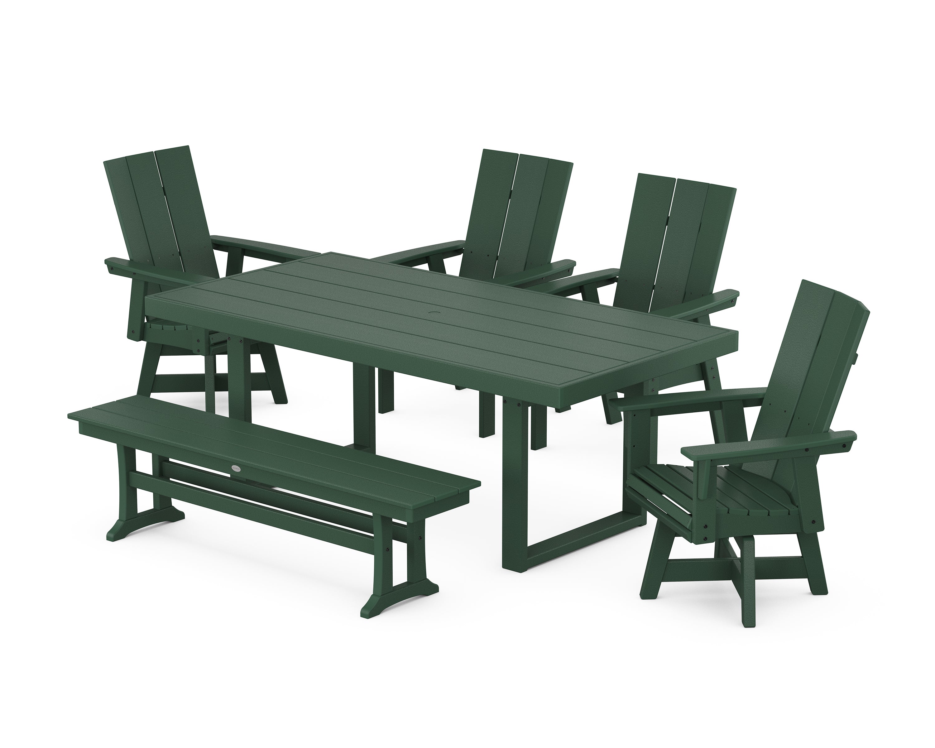 POLYWOOD® Modern Curveback Adirondack Swivel Chair 6-Piece Dining Set with Bench in Green