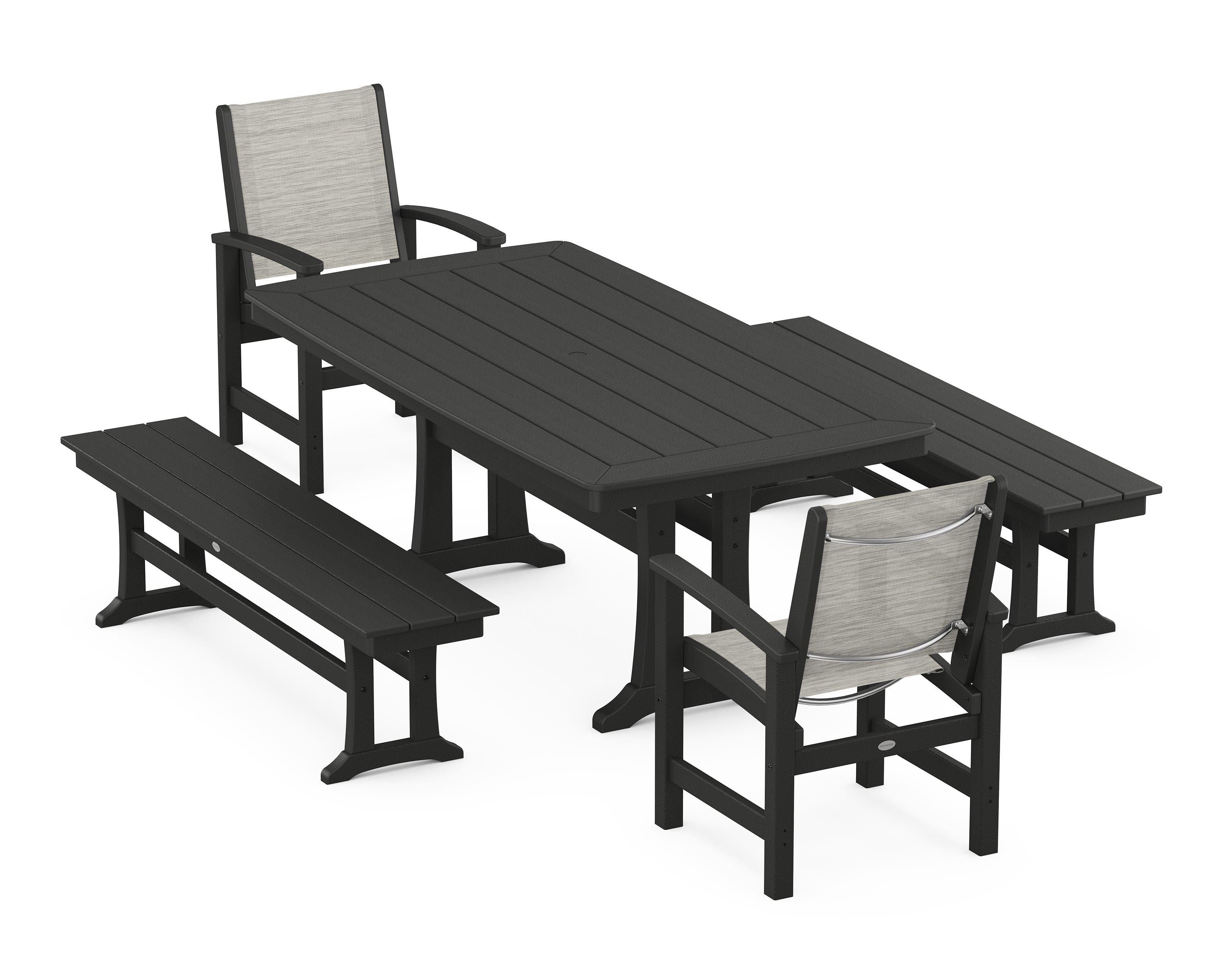 POLYWOOD Coastal 5-Piece Dining Set with Trestle Legs and Benches in Black / Birch Sling
