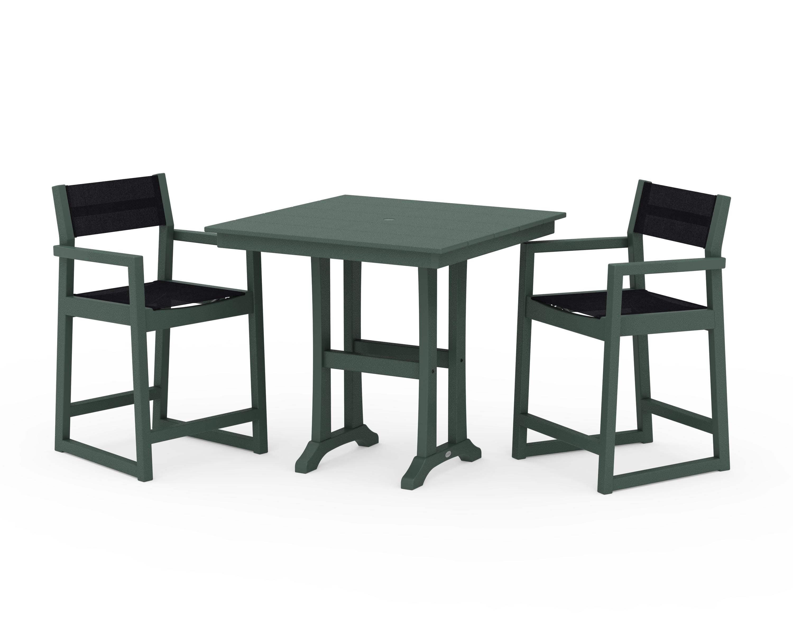 POLYWOOD EDGE Sling Arm Chair 3-Piece Farmhouse Counter Set with Trestle Legs in Green / Black Sling