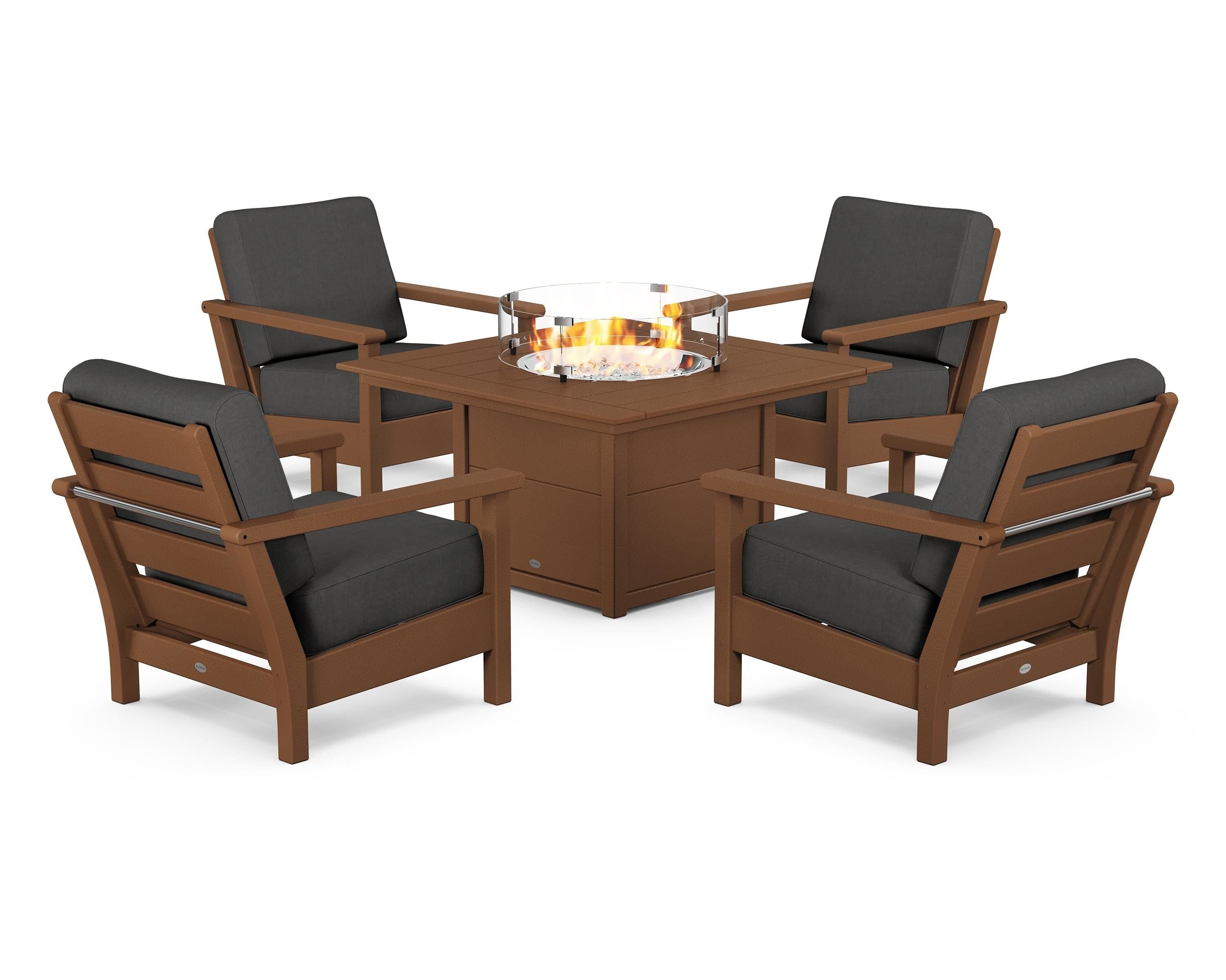 POLYWOOD Harbour 5-Piece Conversation Set with Fire Pit Table in Teak / Spectrum Carbon