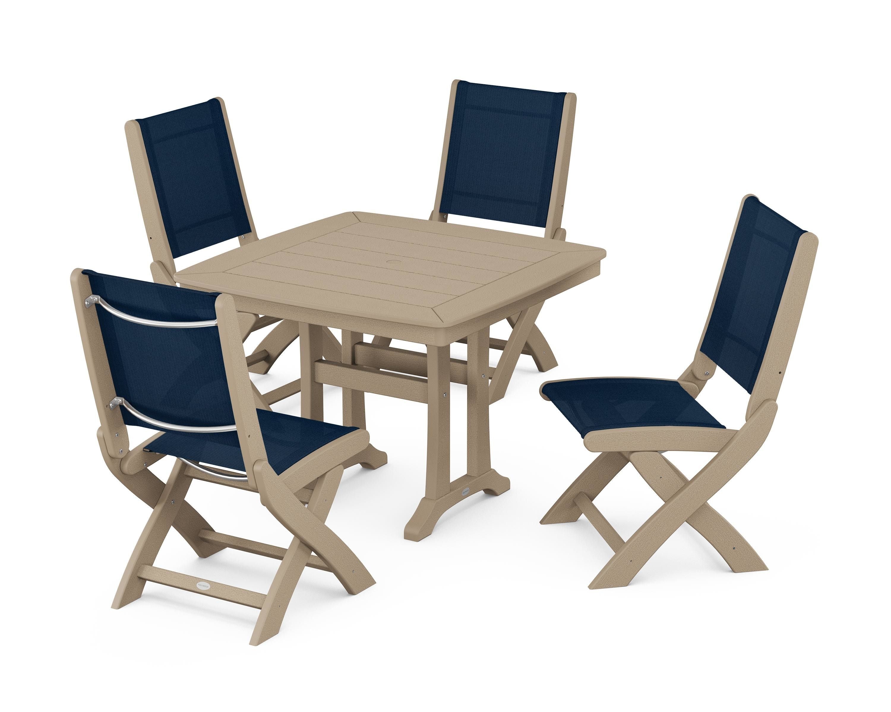 POLYWOOD Coastal Folding Side Chair 5-Piece Dining Set with Trestle Legs in Vintage Sahara / Navy Blue Sling