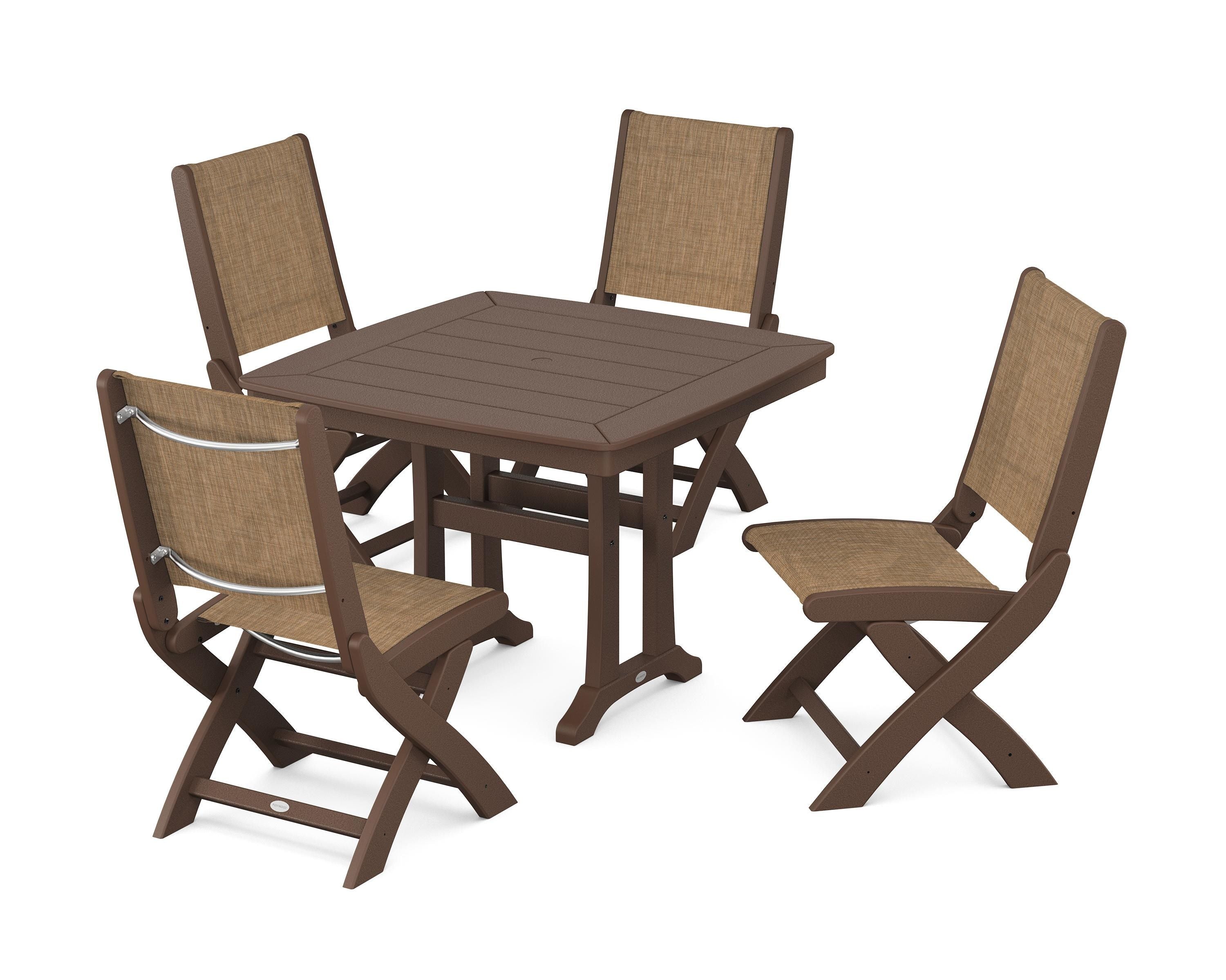 POLYWOOD Coastal Folding Side Chair 5-Piece Dining Set with Trestle Legs in Mahogany / Burlap Sling