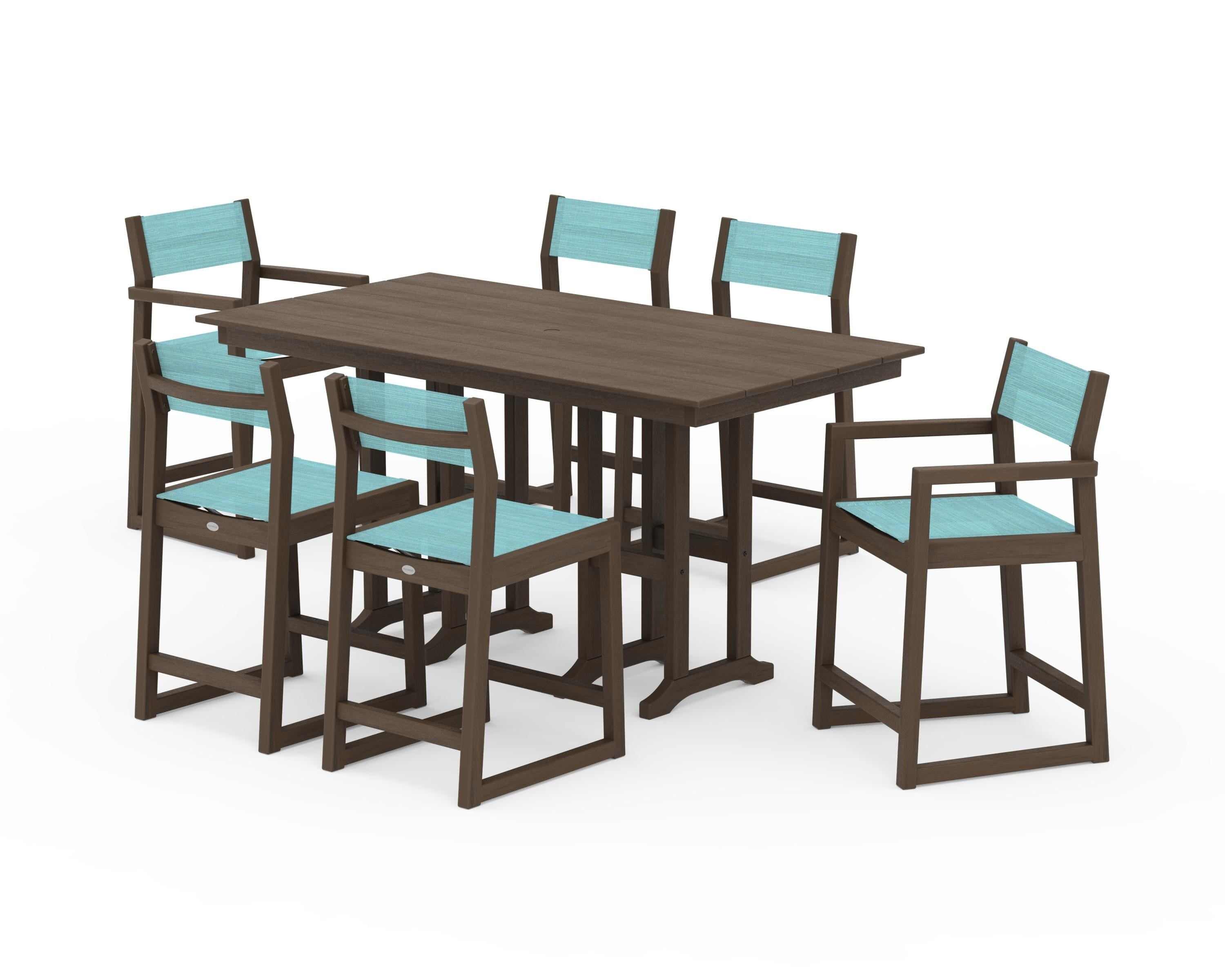 POLYWOOD EDGE Sling 7-Piece Farmhouse Counter Set with Trestle Legs in Kona / Dupioni Aquamarine Sling