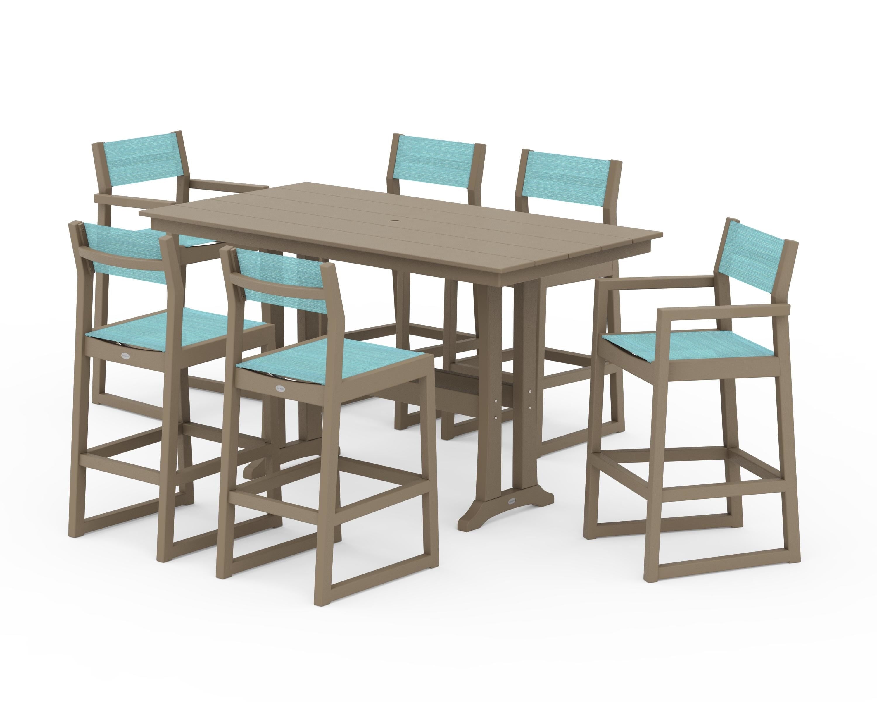POLYWOOD EDGE Sling 7-Piece Farmhouse Bar Set with Trestle Legs in Vintage Sahara / Dupioni Aquamarine Sling