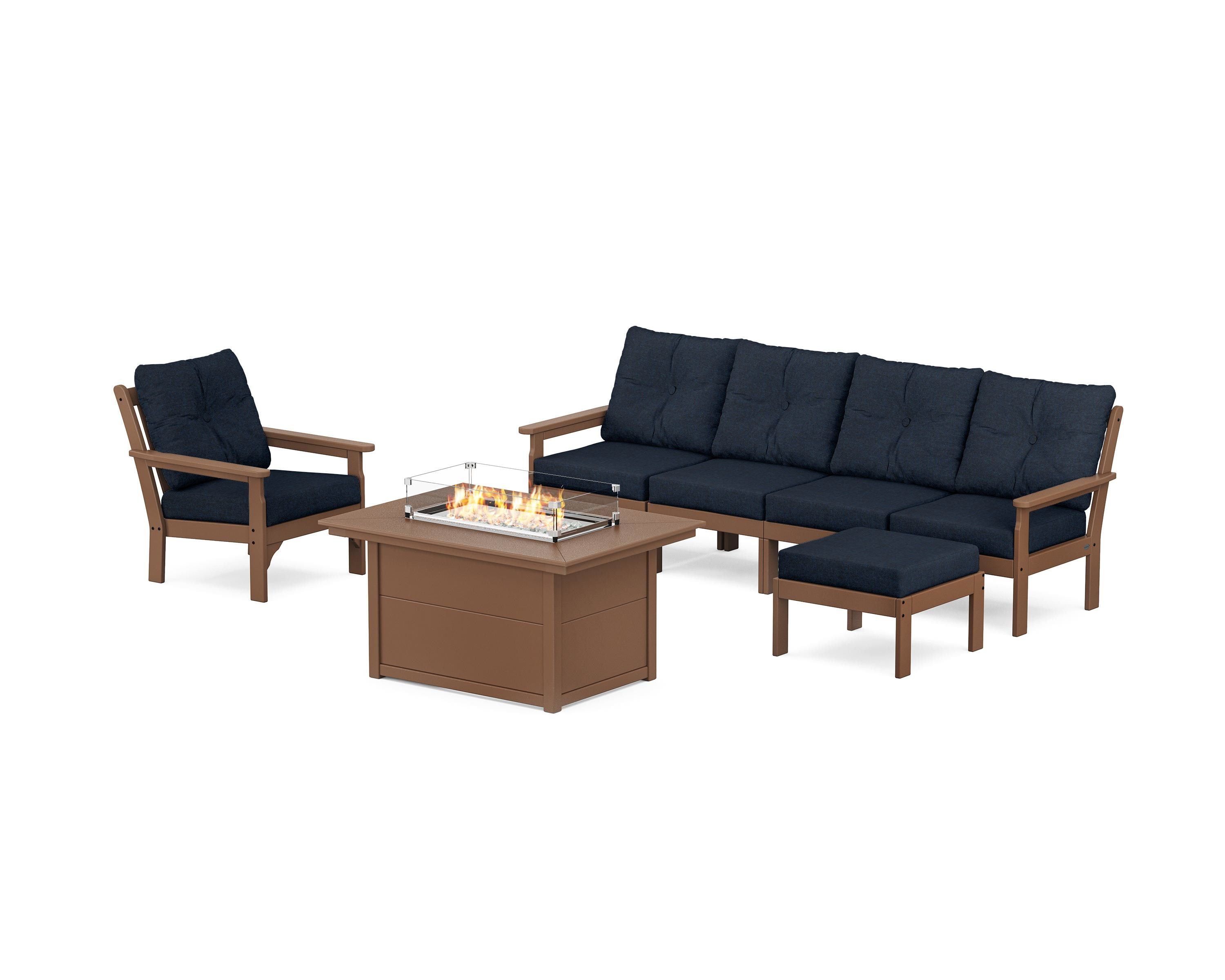 POLYWOOD Vineyard Sectional Lounge and Fire Pit Set in Teak / Marine Indigo