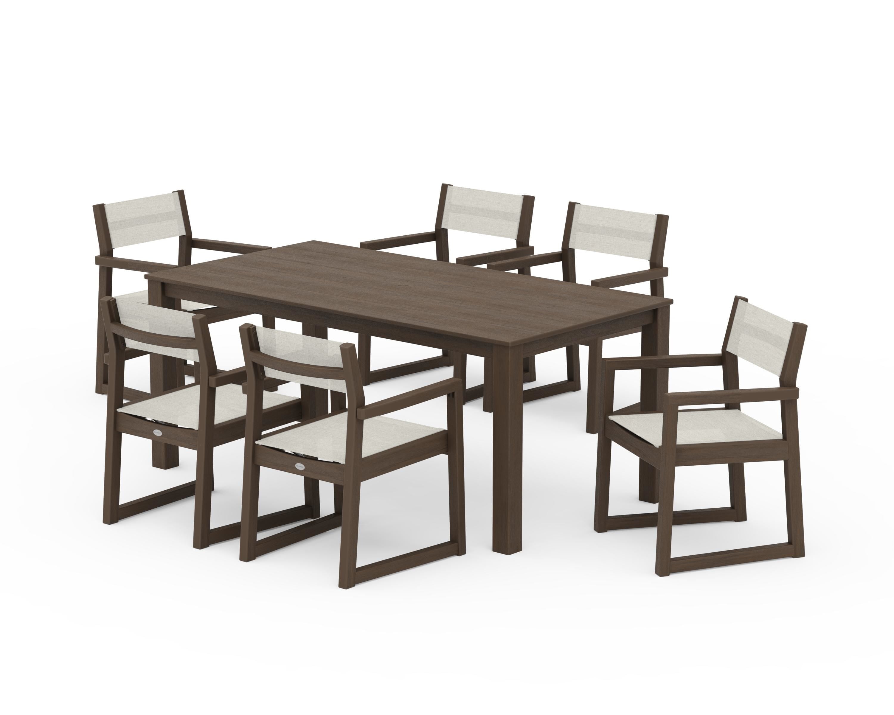 POLYWOOD EDGE Sling Arm Chair 7-Piece Parsons Dining Set in Kona / Parchment Sling