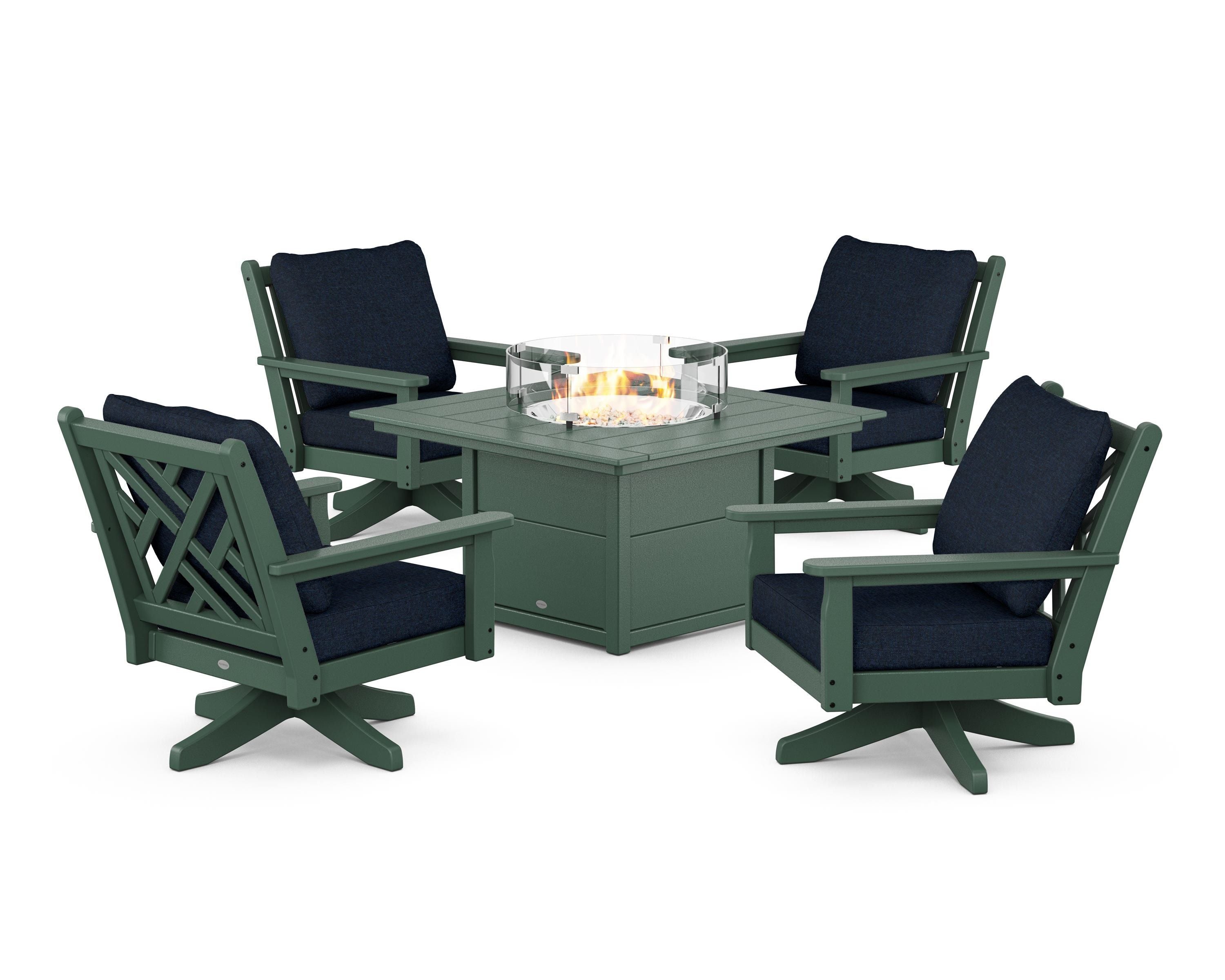 POLYWOOD Chippendale 5-Piece Deep Seating Swivel Conversation Set with Fire Pit Table in Green / Marine Indigo