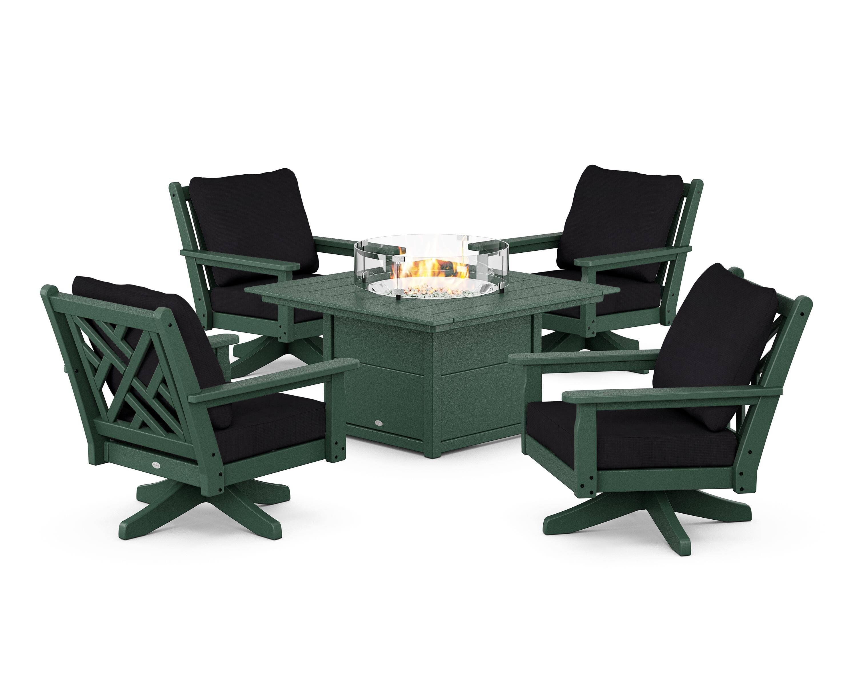 POLYWOOD Chippendale 5-Piece Deep Seating Swivel Conversation Set with Fire Pit Table in Green / Midnight Linen