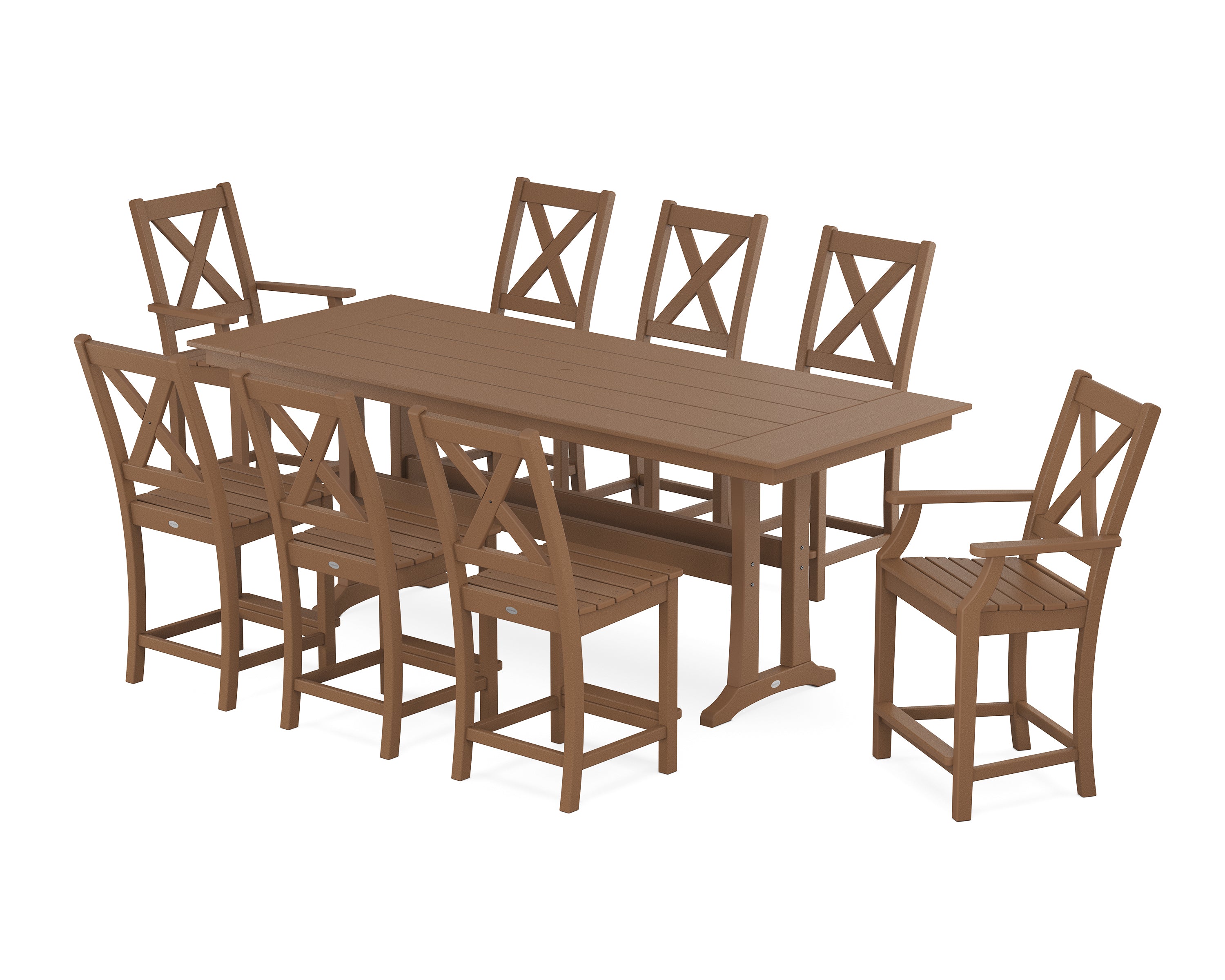 POLYWOOD Braxton 9-Piece Farmhouse Counter Set with Trestle Legs in Teak
