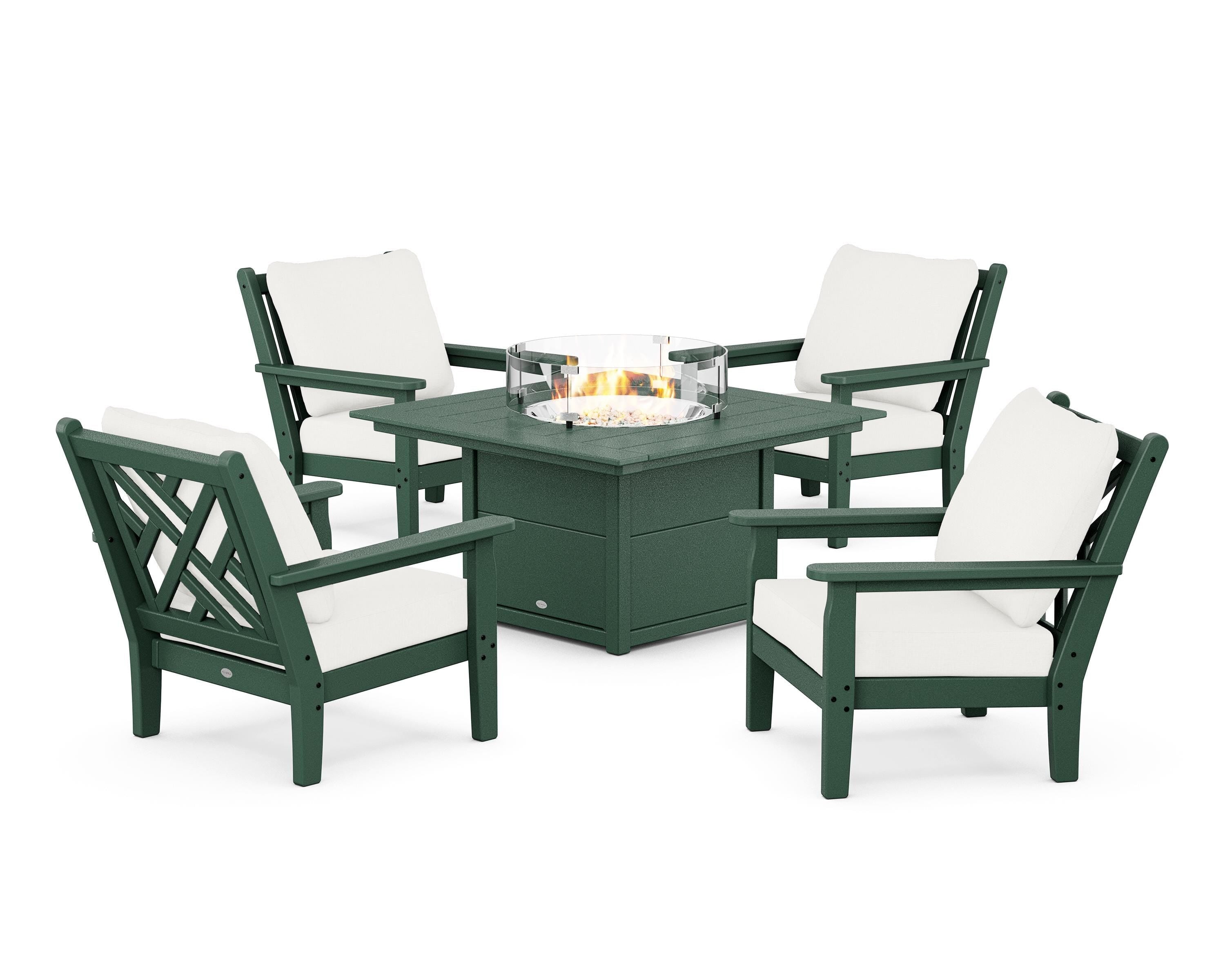 POLYWOOD Chippendale 5-Piece Deep Seating Set with Fire Pit Table in Green / Natural Linen