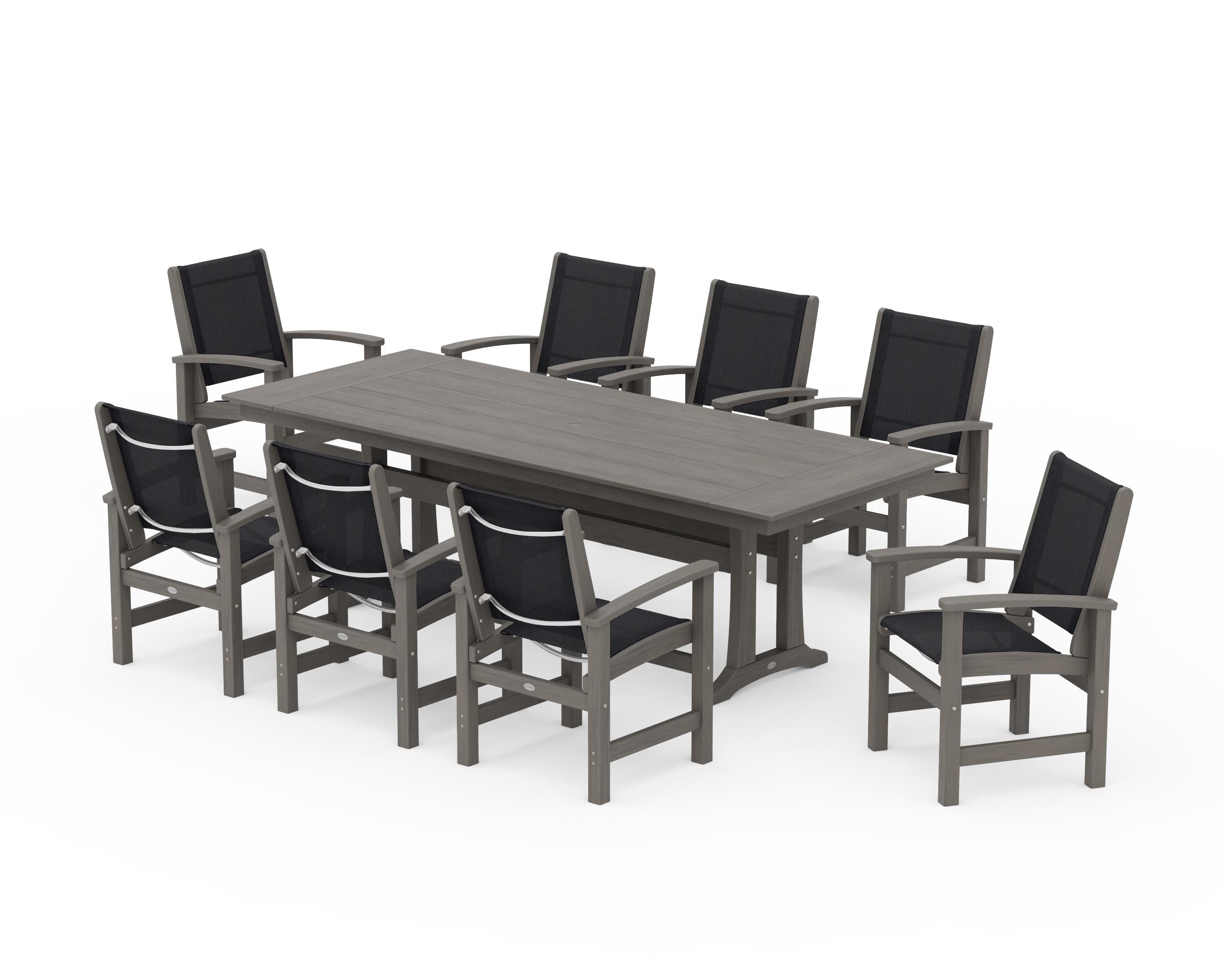 POLYWOOD Coastal 9-Piece Farmhouse Dining Set with Trestle Legs in Driftwood / Black Sling