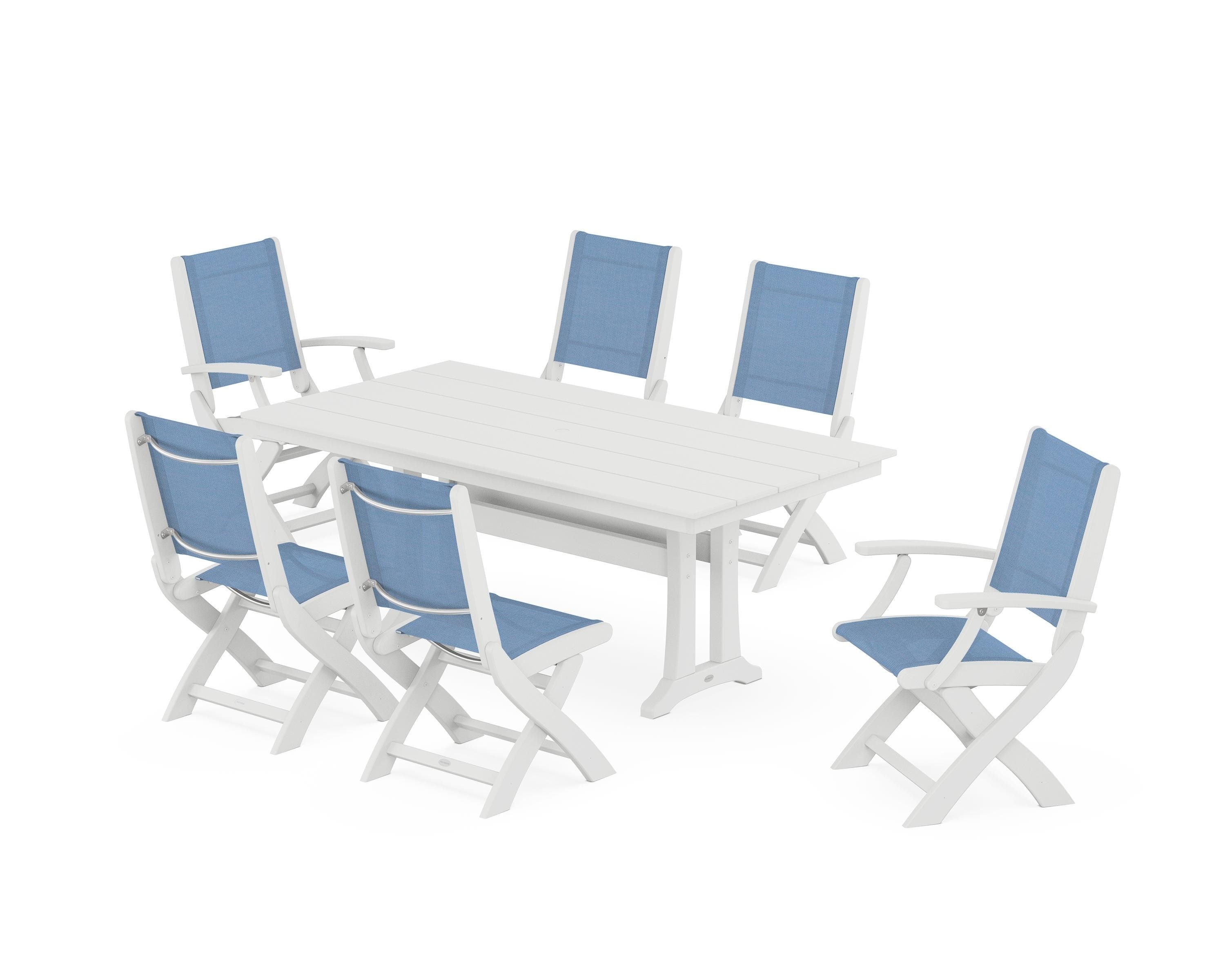 POLYWOOD Coastal Folding Chair 7-Piece Farmhouse Dining Set with Trestle Legs in White / Poolside Sling