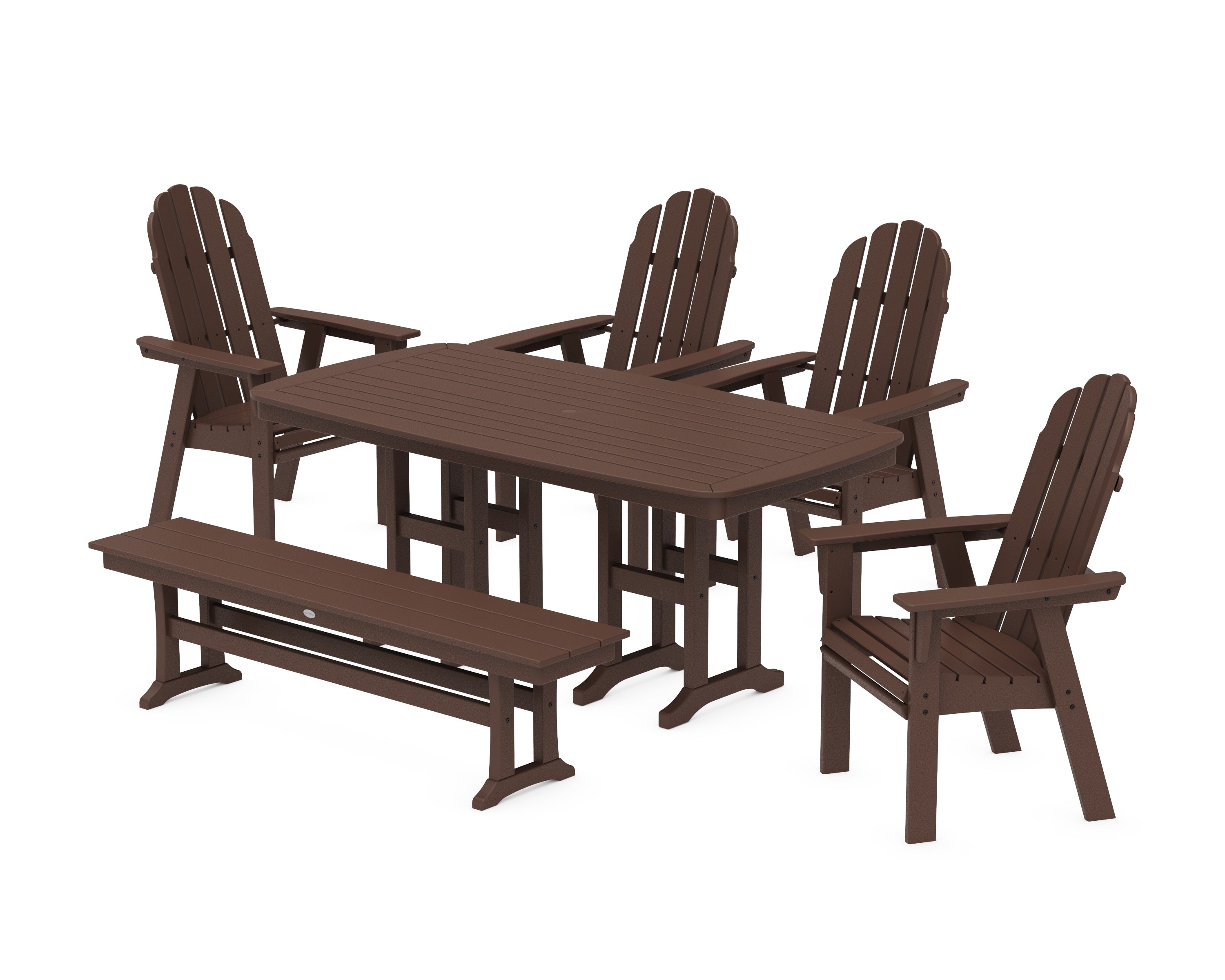 POLYWOOD Vineyard Curveback Adirondack Chair 6-Piece Dining Set with Bench in Mahogany