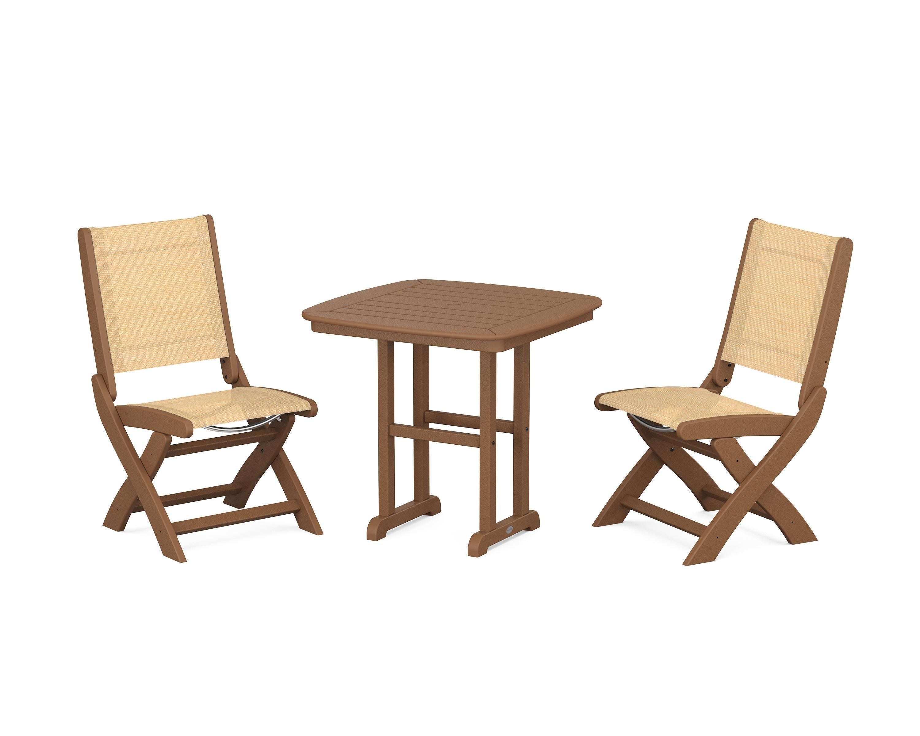POLYWOOD Coastal Folding Side Chair 3-Piece Dining Set in Teak / Dupioni Apricot Sling