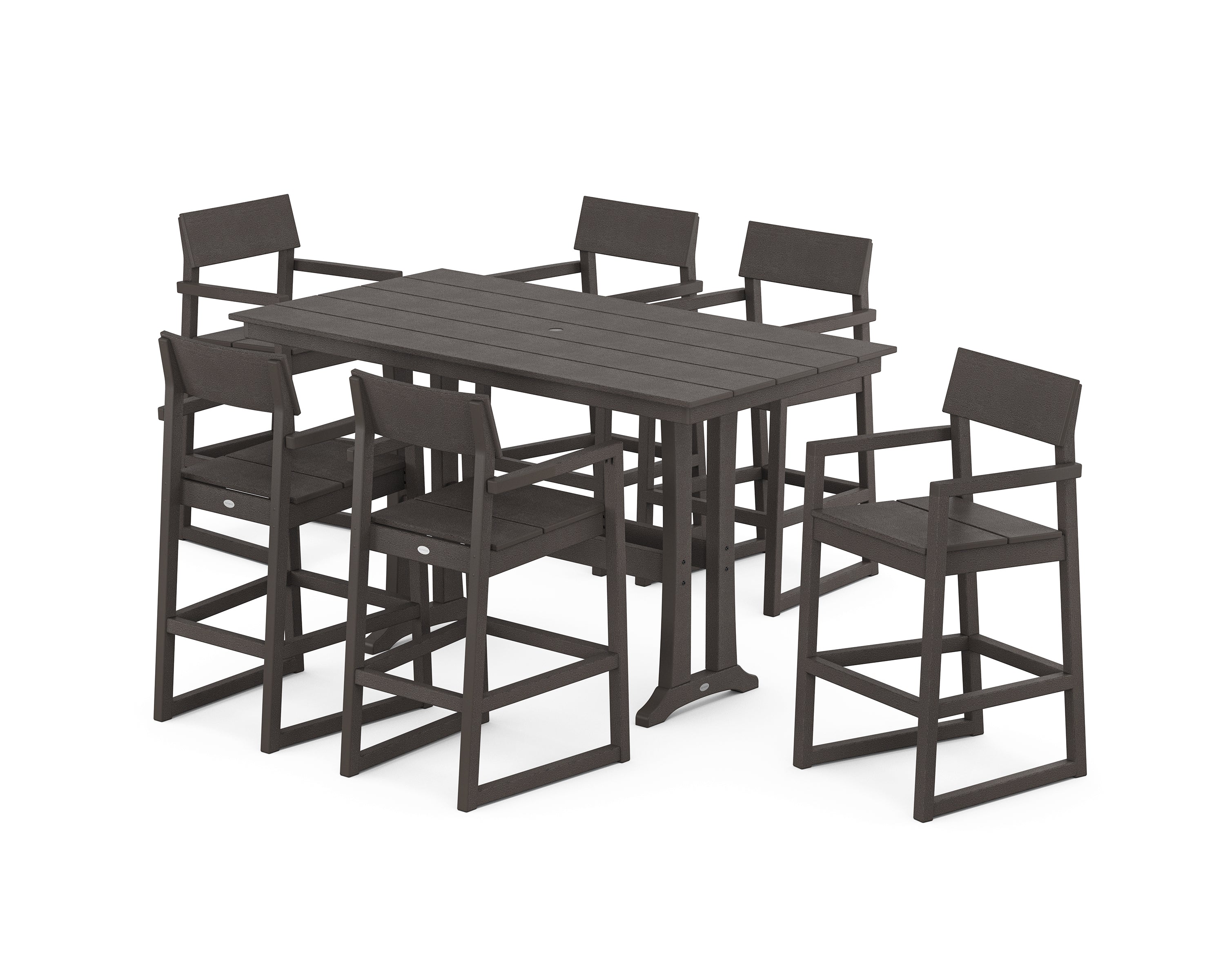 POLYWOOD EDGE Arm Chair 7-Piece Farmhouse Bar Set with Trestle Legs in Vintage Coffee