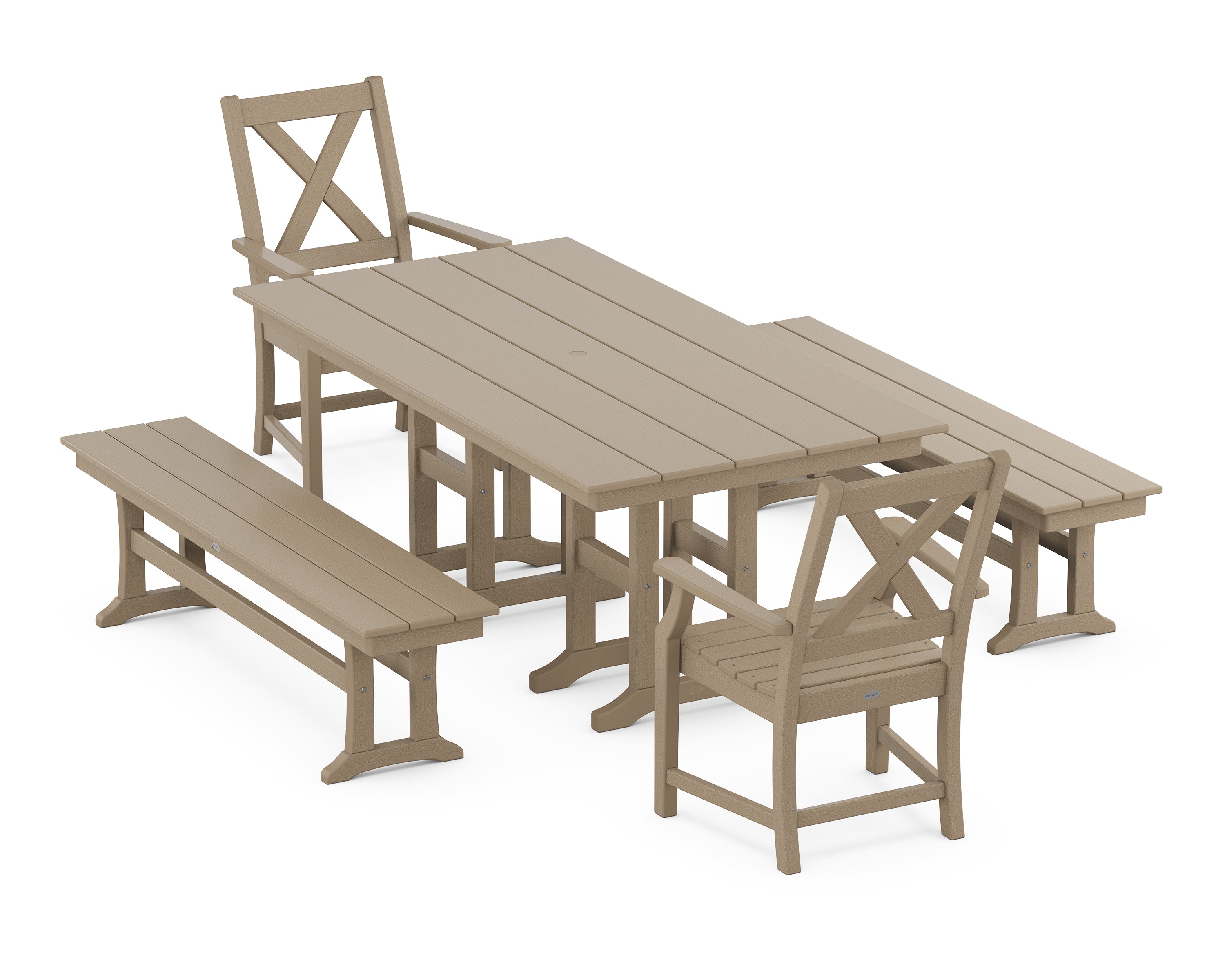 POLYWOOD Braxton 5-Piece Farmhouse Dining Set with Benches in Vintage Sahara
