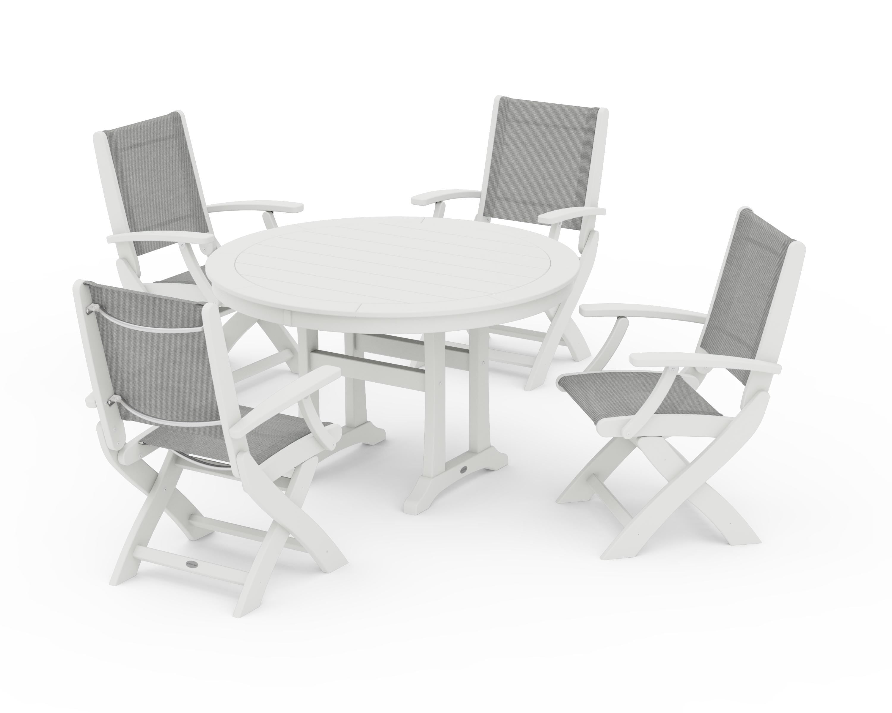 POLYWOOD Coastal Folding Chair 5-Piece Round Dining Set with Trestle Legs in Vintage White / Metallic Sling