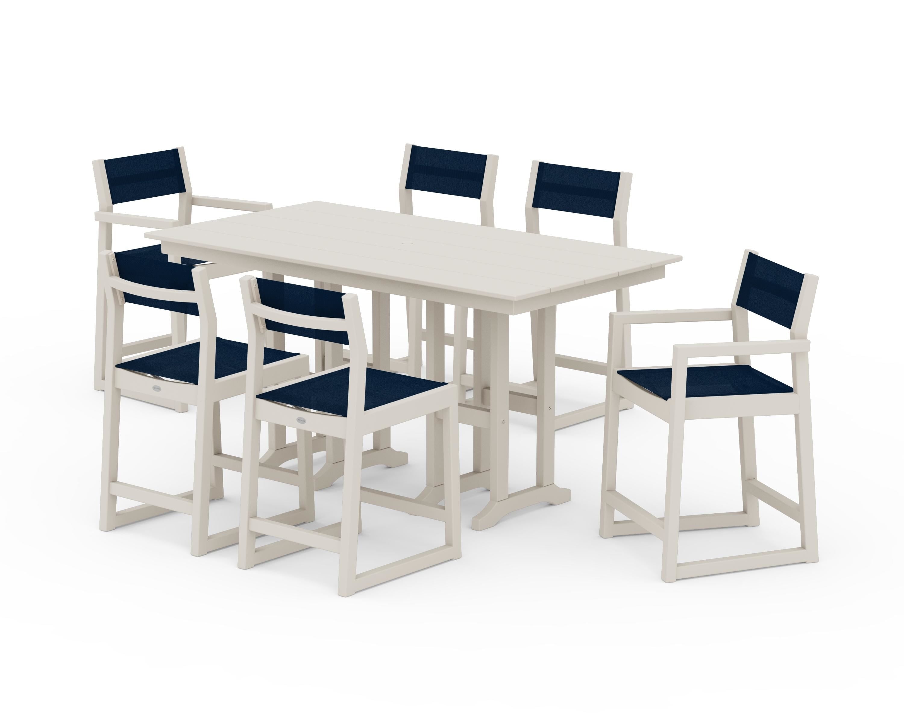 POLYWOOD EDGE Sling 7-Piece Farmhouse Counter Set in Sand / Navy Blue Sling
