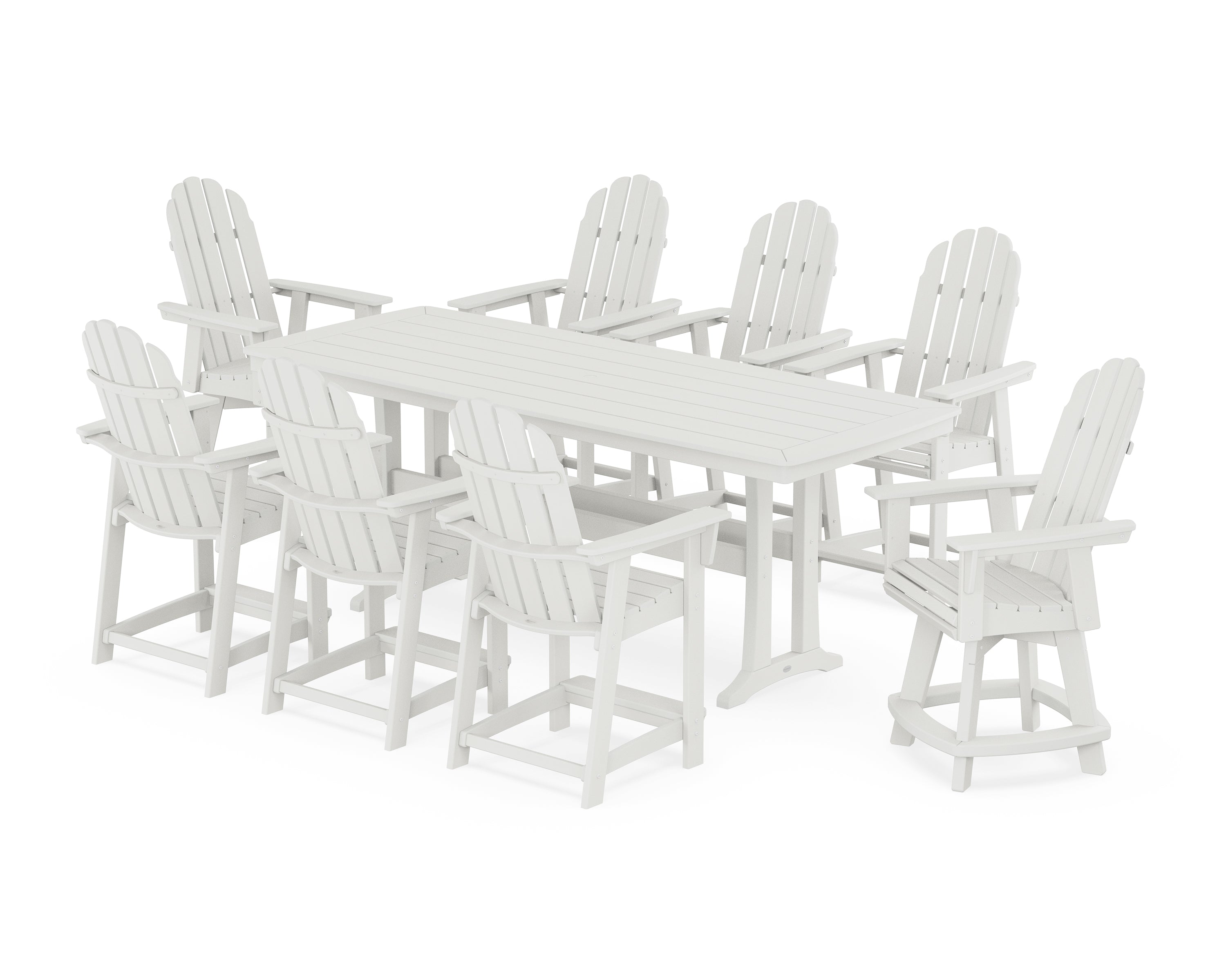 POLYWOOD® Vineyard Curveback Adirondack Swivel 9-Piece Counter Set with Trestle Legs in Vintage White
