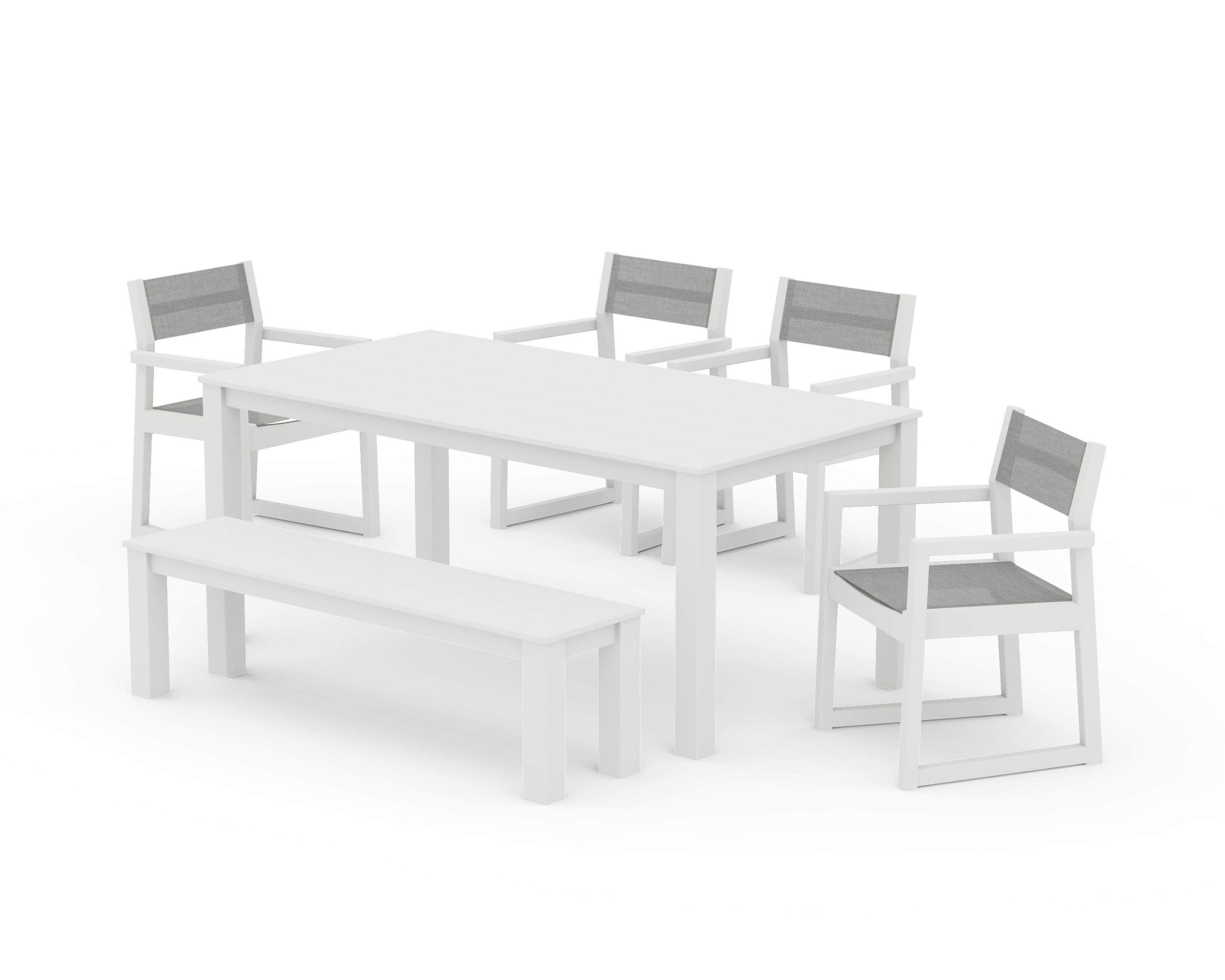 POLYWOOD EDGE Sling Arm Chair 6-Piece Parsons Dining Set with Bench in Vintage White / Metallic Sling