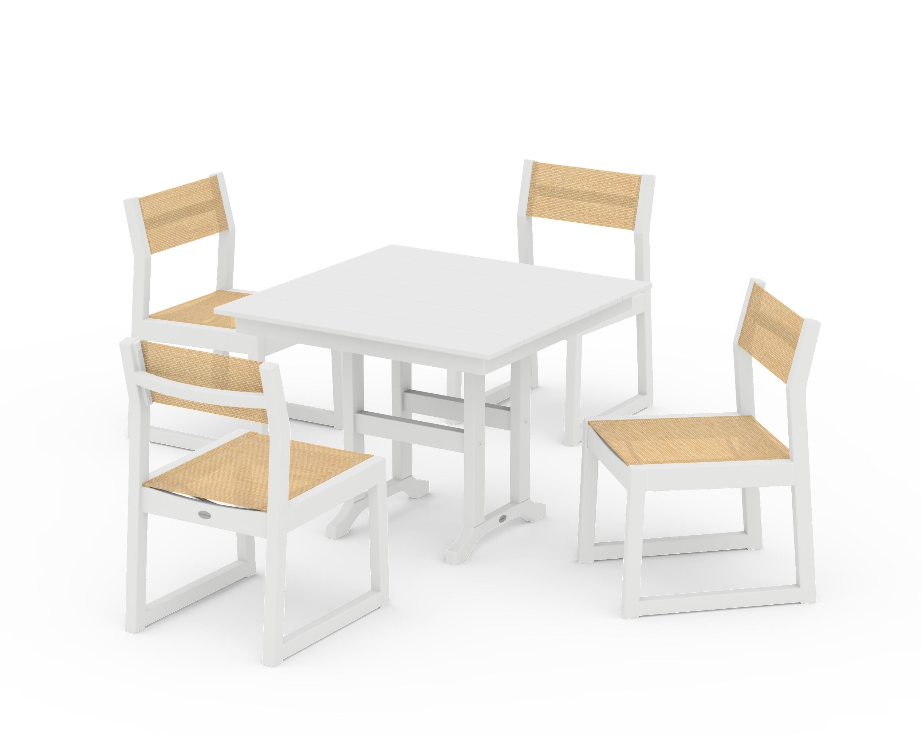 POLYWOOD EDGE Sling Side Chair 5-Piece Farmhouse Dining Set in White / Dupioni Apricot Sling