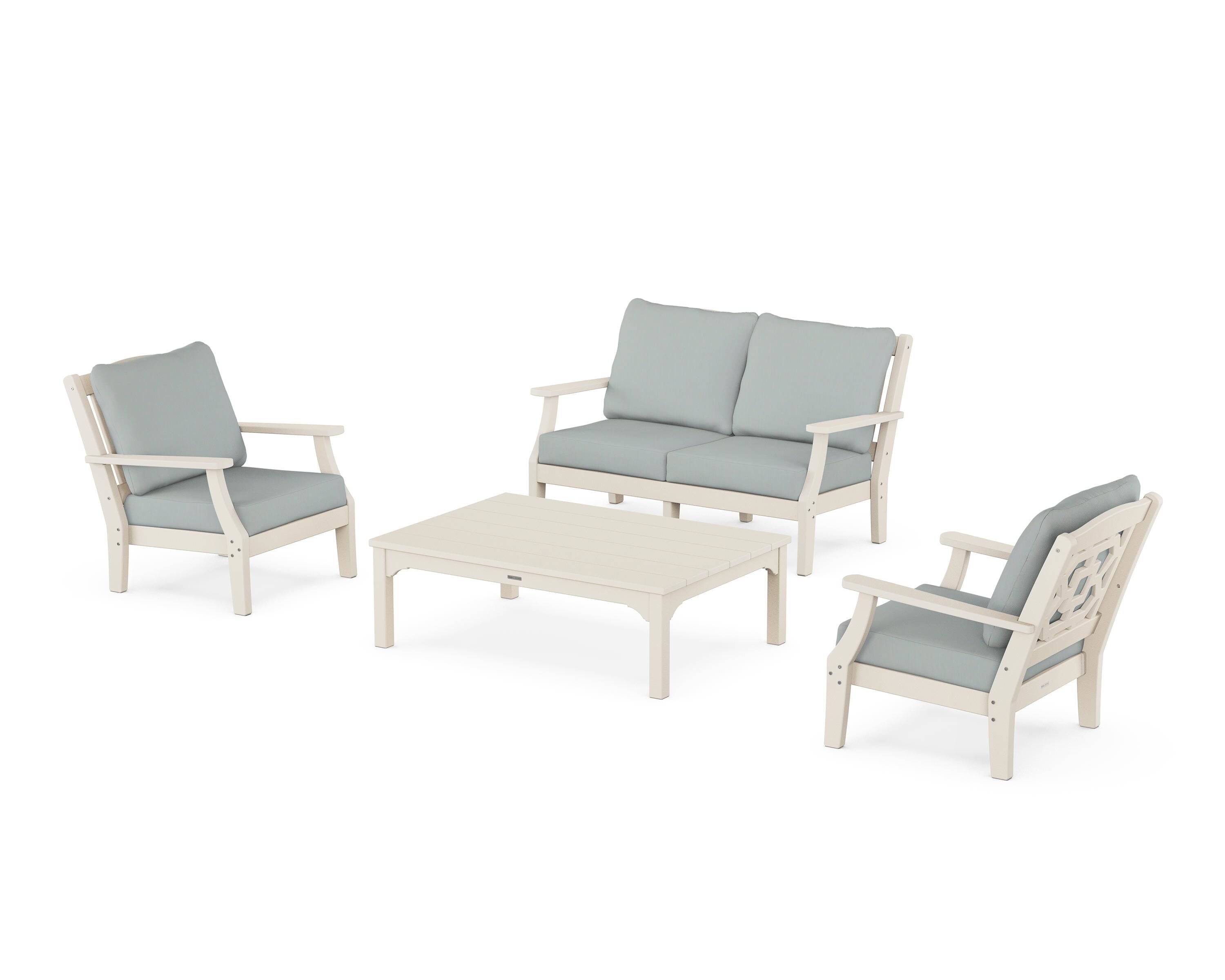 Martha Stewart by POLYWOOD Chinoiserie 4-Piece Deep Seating Set with Loveseat in Sand / Spa