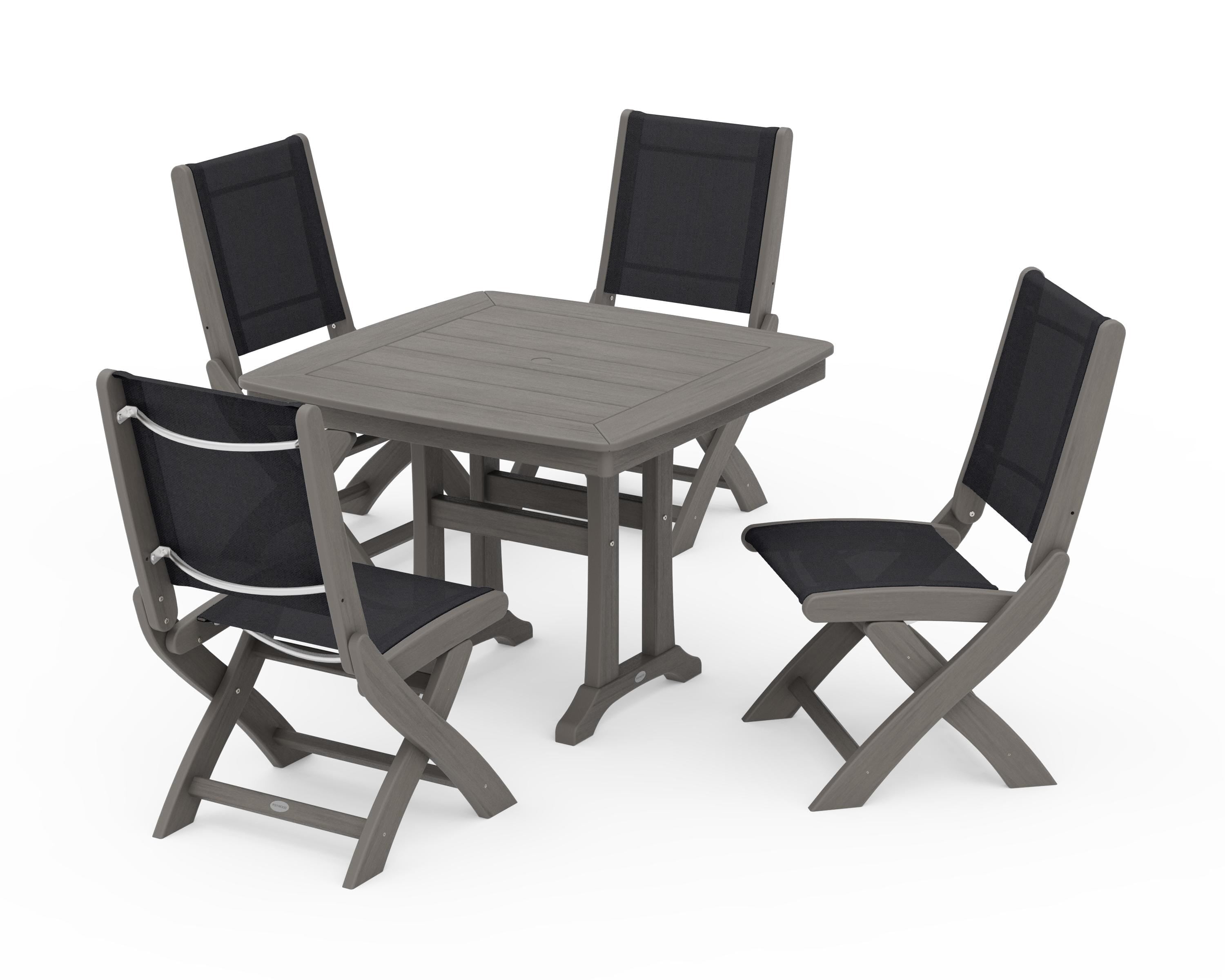 POLYWOOD Coastal Folding Side Chair 5-Piece Dining Set with Trestle Legs in Driftwood / Black Sling