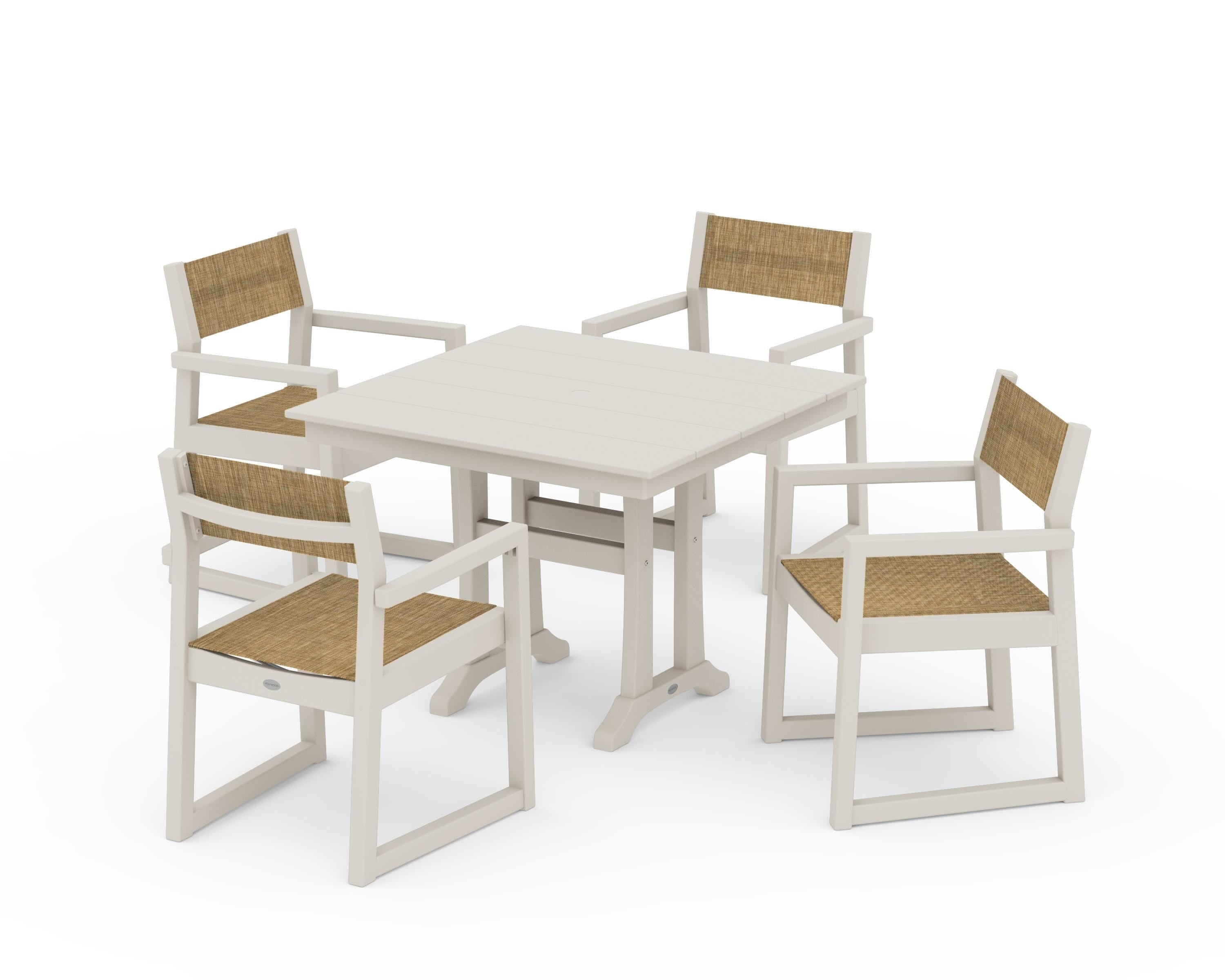 POLYWOOD EDGE Sling 5-Piece Farmhouse Dining Set with Trestle Legs in Sand / Burlap Sling