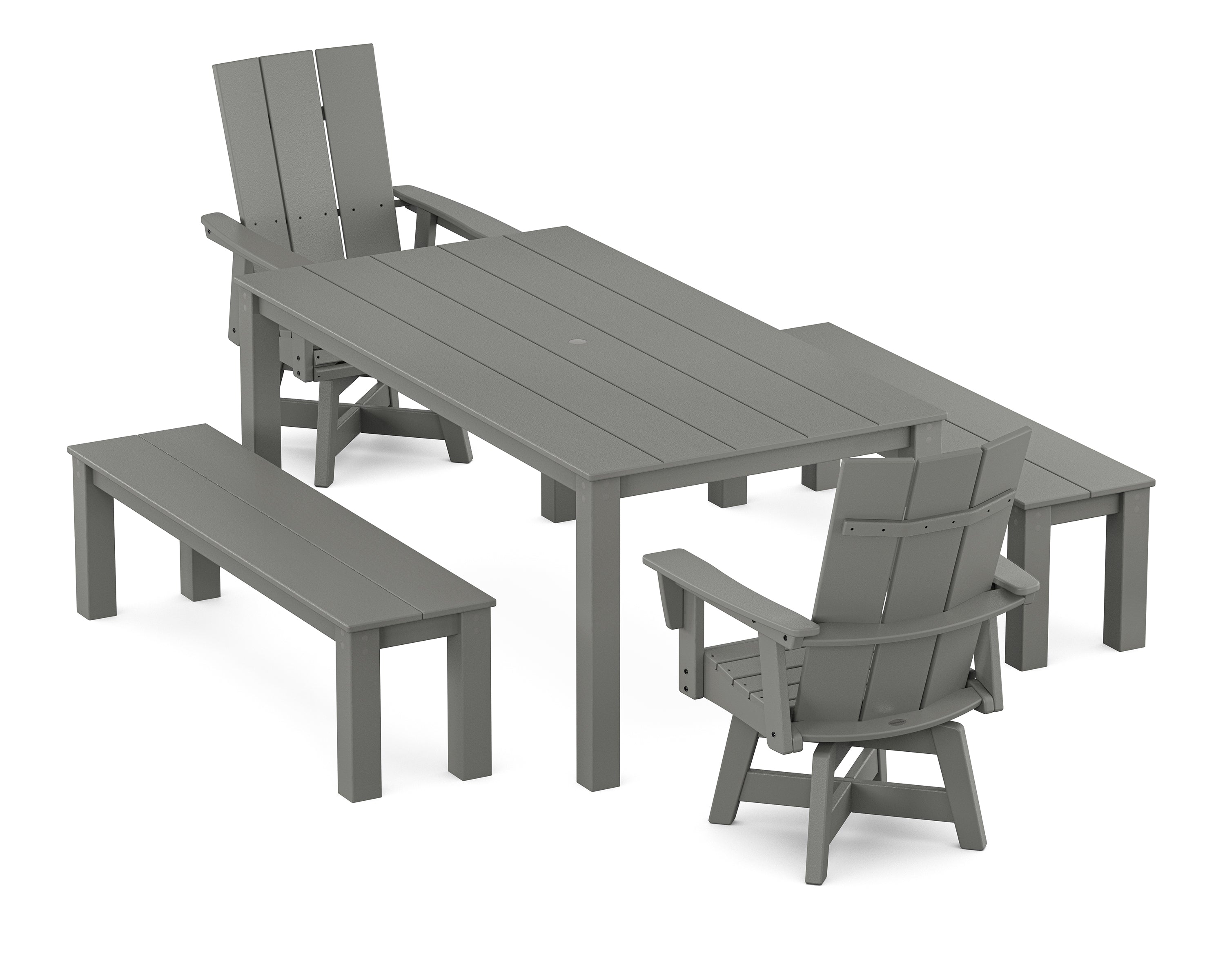 POLYWOOD Modern Curveback Adirondack 5-Piece Parsons Swivel Dining Set with Benches in Slate Grey