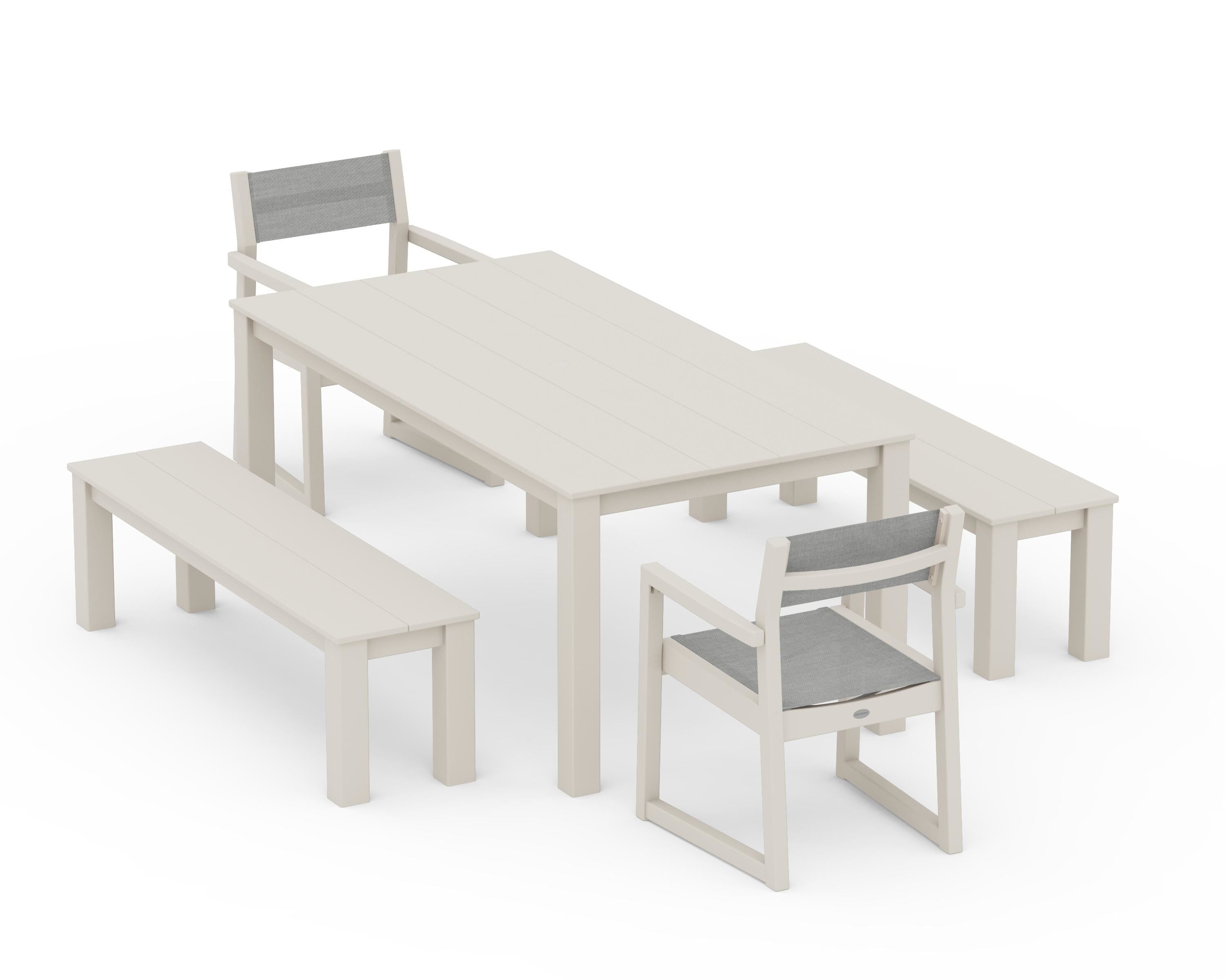 POLYWOOD EDGE Sling Arm Chair 5-Piece Parsons Dining Set with Benches in Sand / Metallic Sling