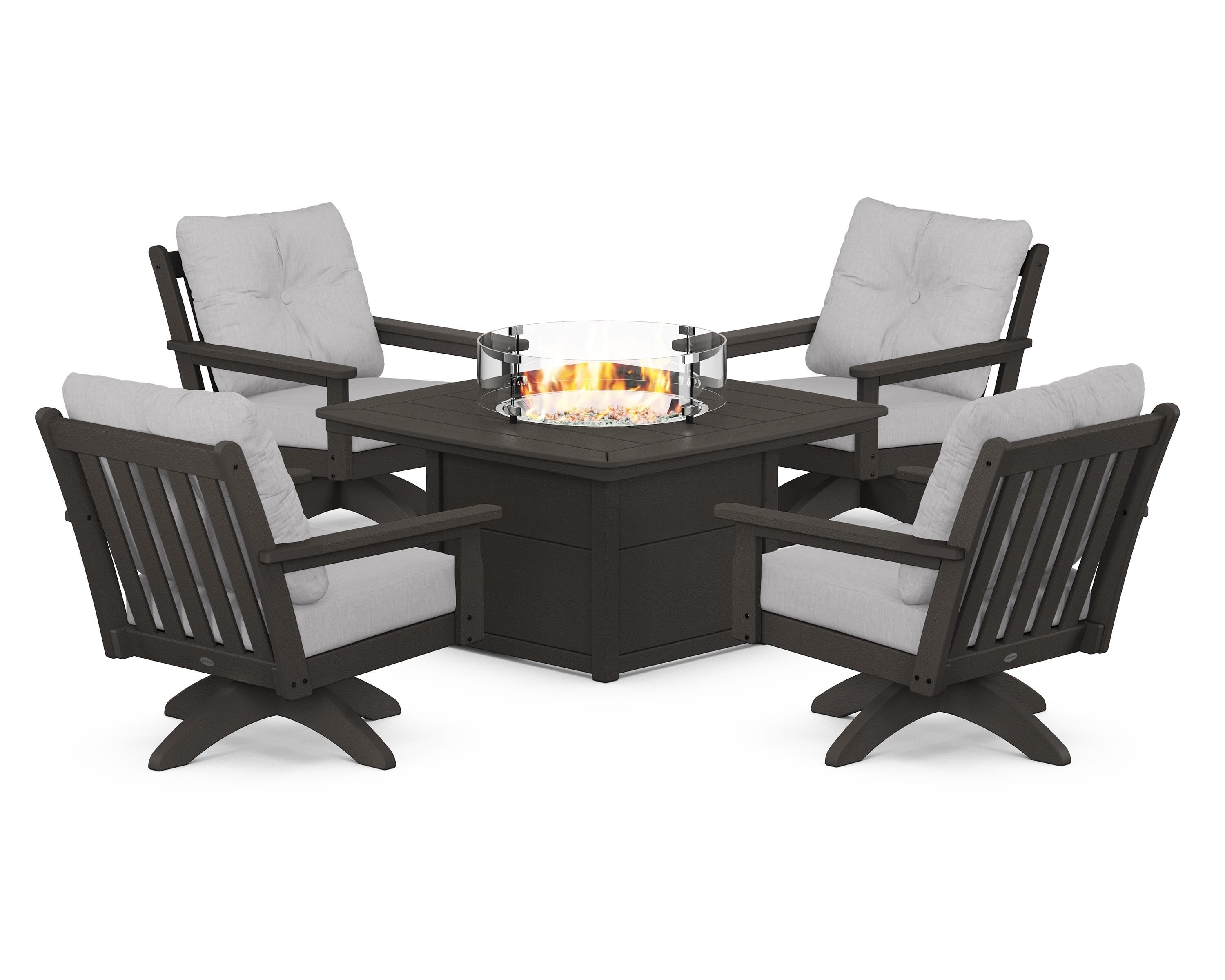 POLYWOOD Vineyard 5-Piece Deep Seating Swivel Conversation Set with Fire Pit Table in Vintage Coffee / Granite