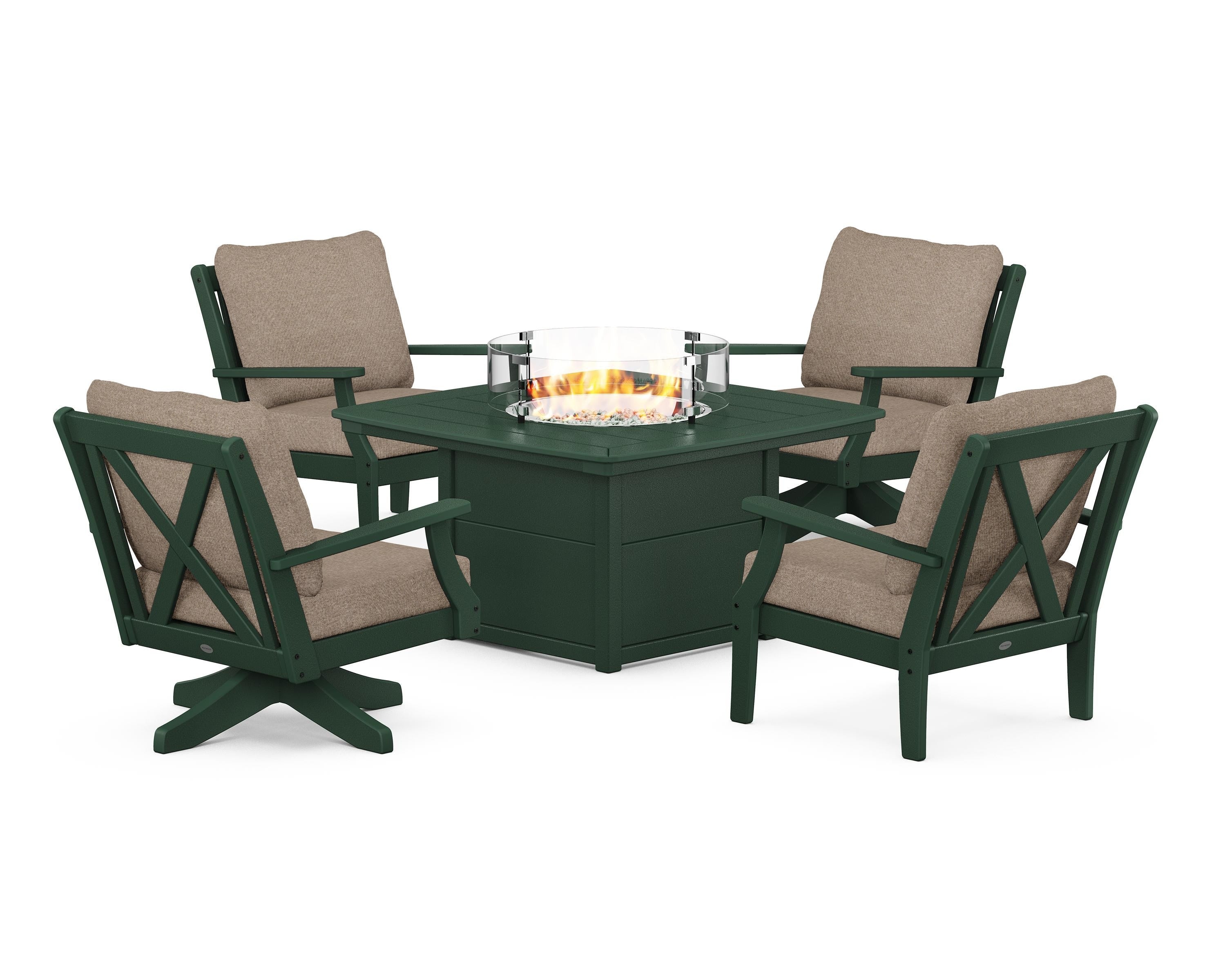 POLYWOOD Braxton 5-Piece Deep Seating Set with Fire Table in Green / Spiced Burlap