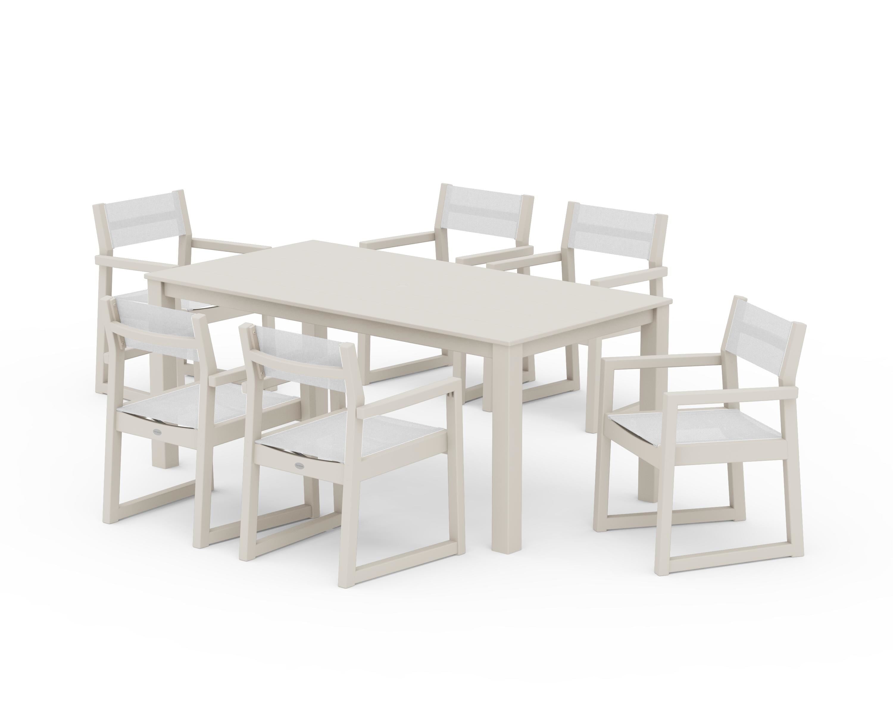 POLYWOOD EDGE Sling Arm Chair 7-Piece Parsons Dining Set in Sand / White Sling