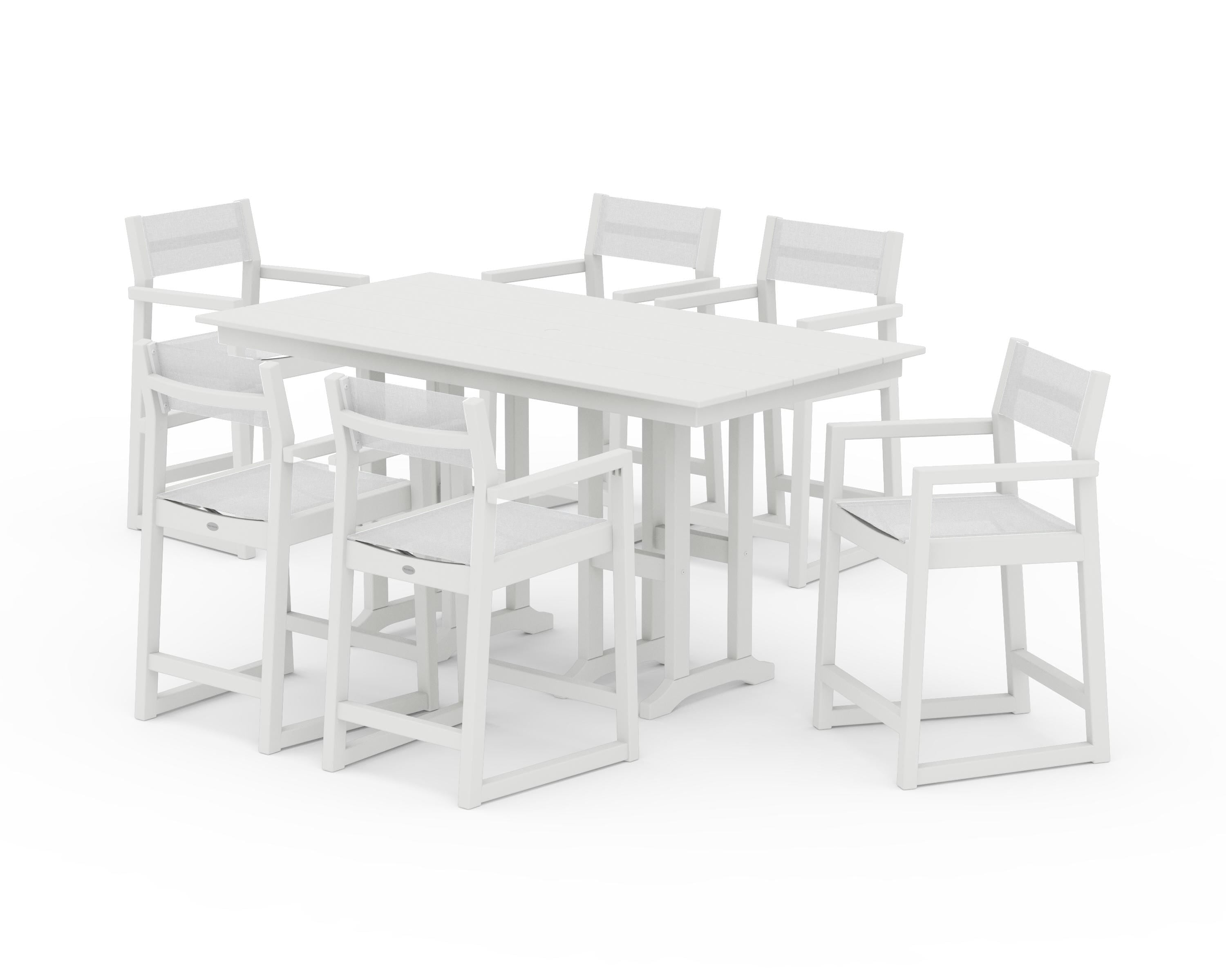 POLYWOOD EDGE Sling Arm Chair 7-Piece Farmhouse Counter Set in Vintage White / White Sling