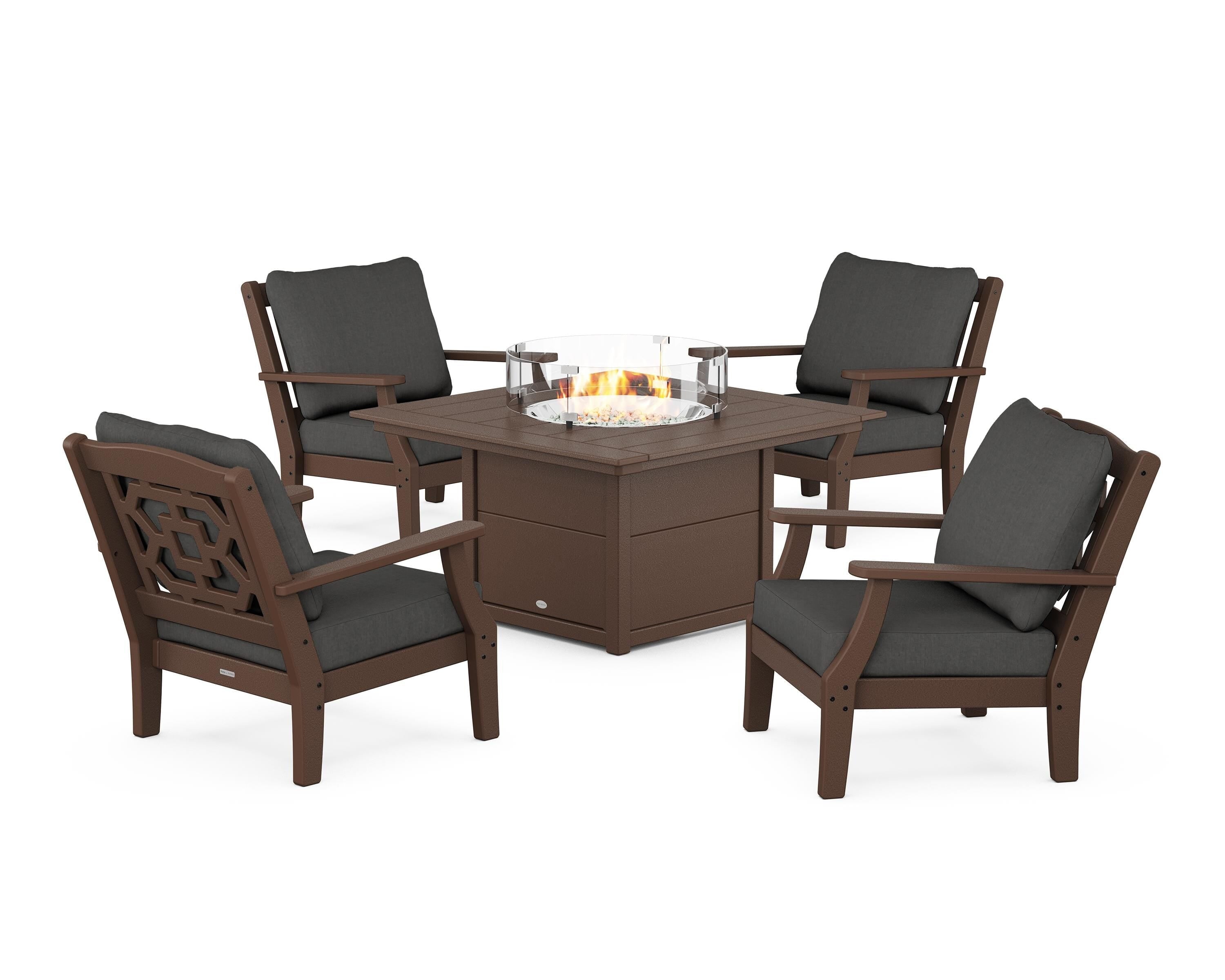 Martha Stewart by POLYWOOD Chinoiserie 5-Piece Deep Seating Set with Fire Pit Table in Mahogany / Spectrum Carbon