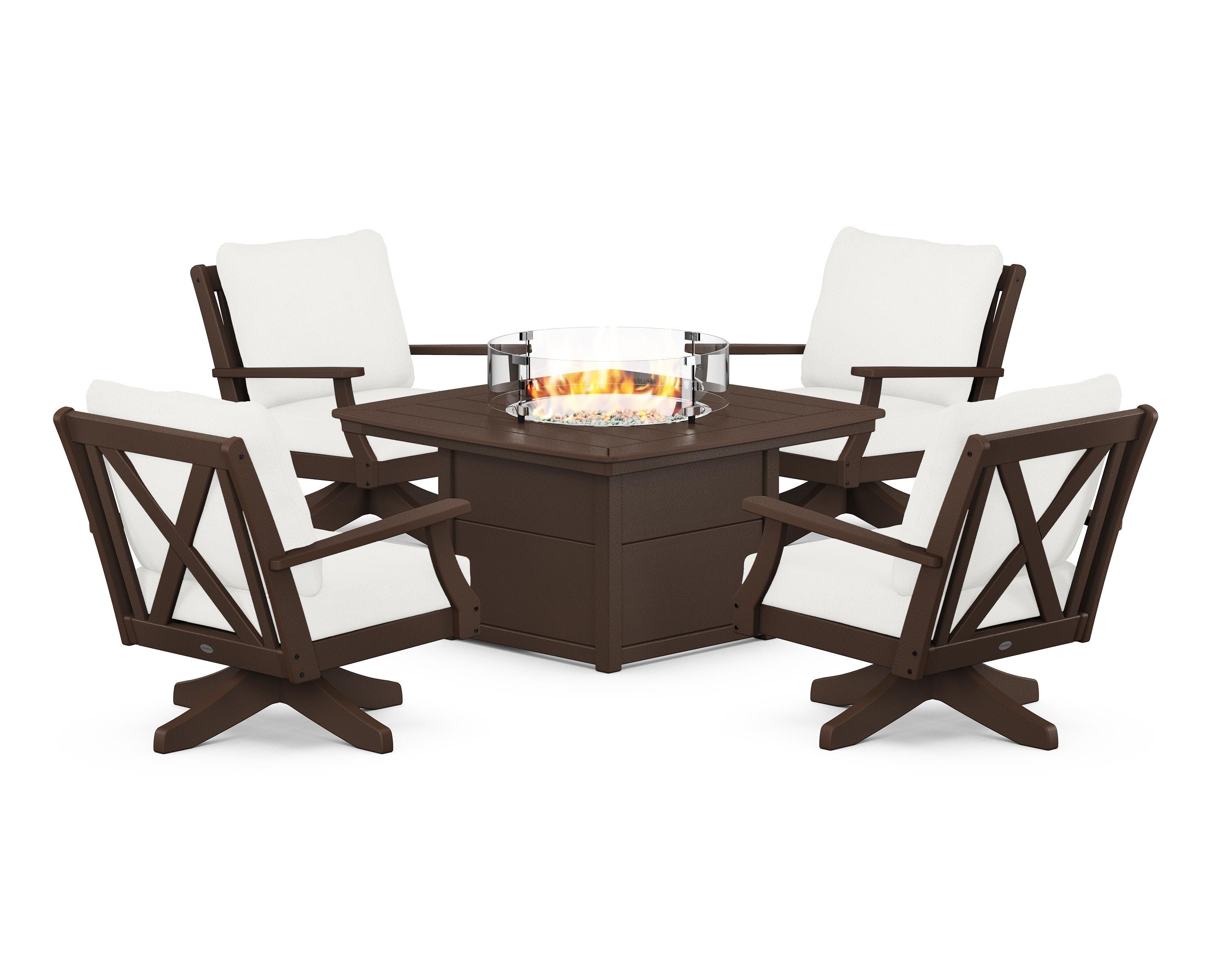 POLYWOOD Braxton 5-Piece Deep Seating Swivel Conversation Set with Fire Pit Table in Mahogany / Natural Linen