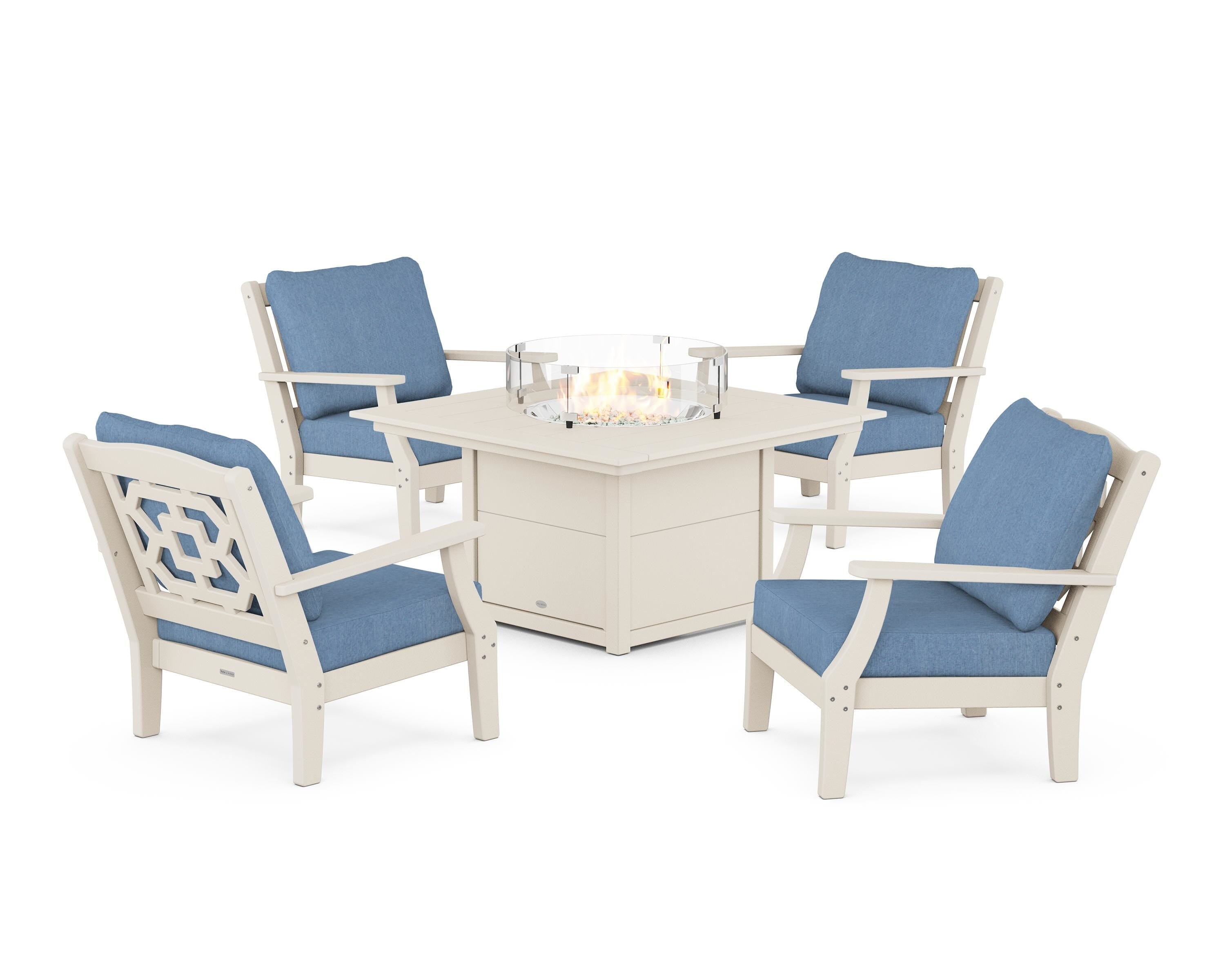 Martha Stewart by POLYWOOD Chinoiserie 5-Piece Deep Seating Set with Fire Pit Table in Sand / Sky Blue