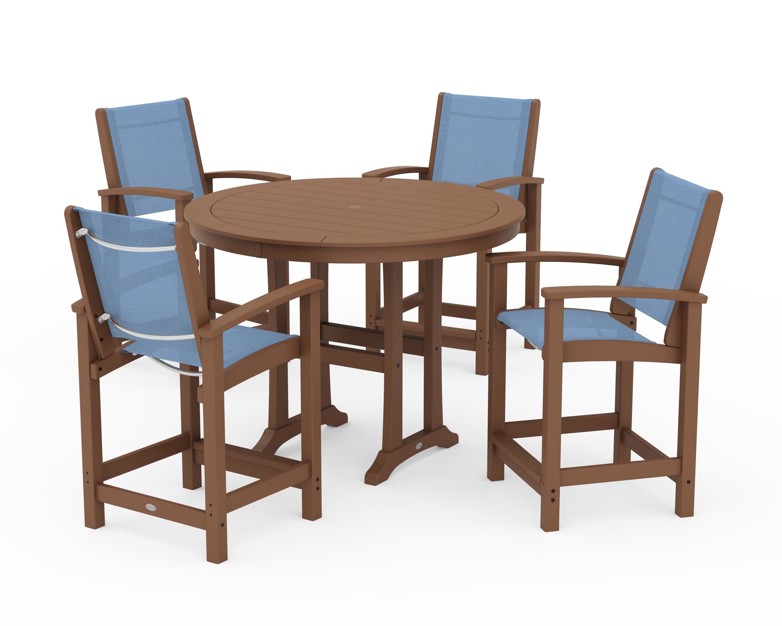 POLYWOOD Coastal 5-Piece Counter Set in Teak / Poolside Sling