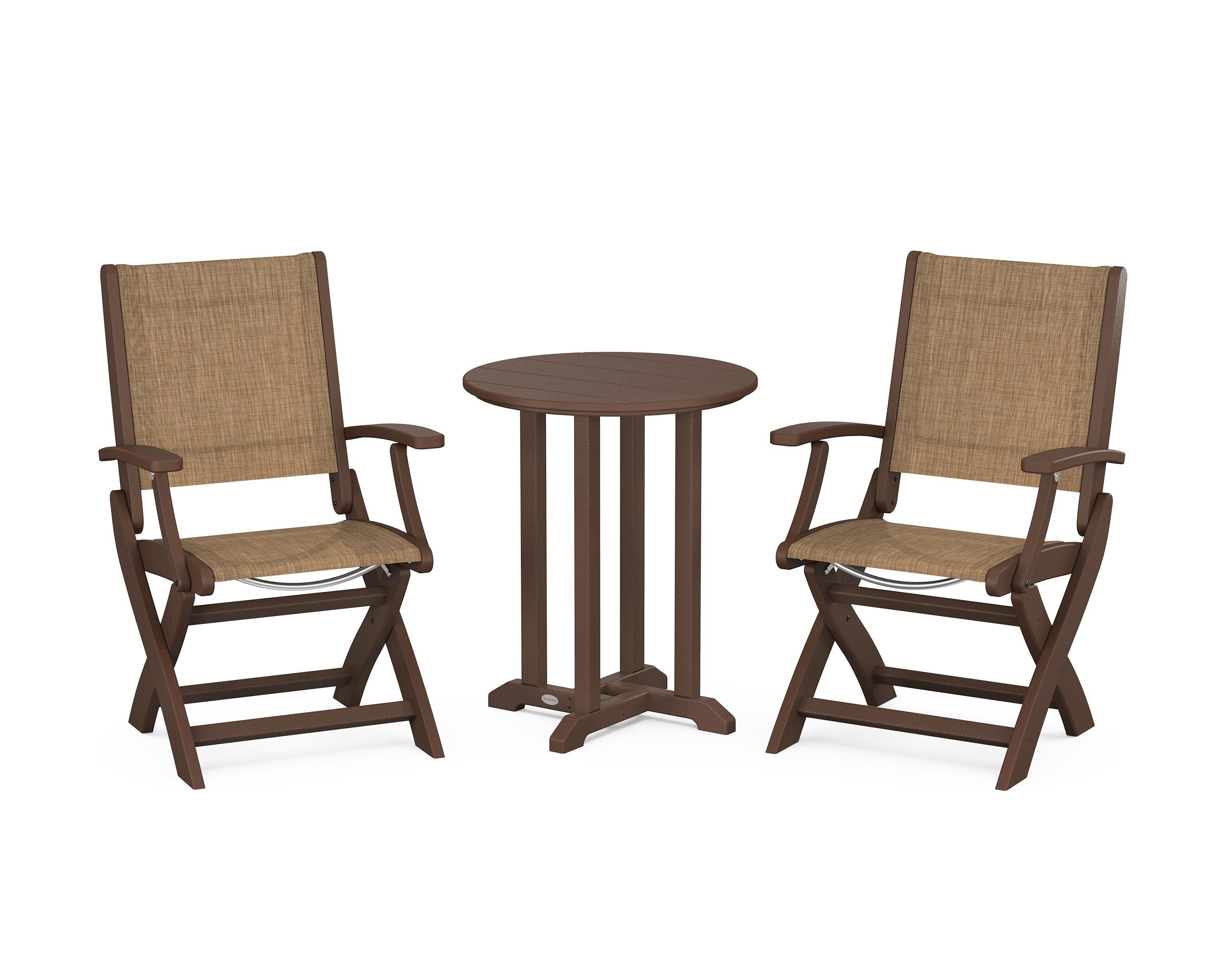 POLYWOOD Coastal Folding 3-Piece Round Bistro Dining Set in Mahogany / Burlap Sling