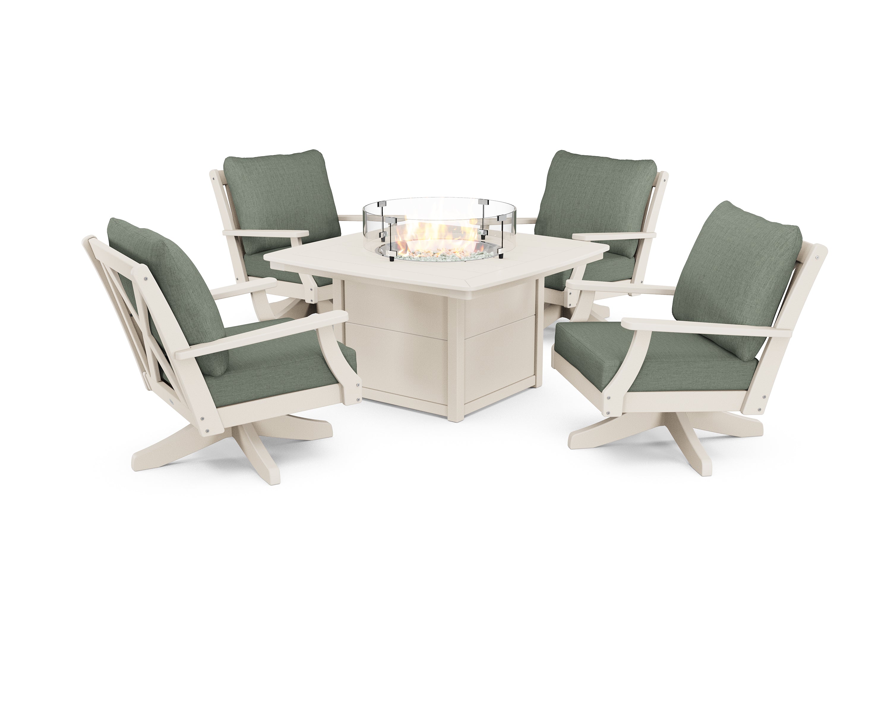 POLYWOOD Braxton 5-Piece Deep Seating Swivel Conversation Set with Fire Pit Table in Sand / Cast Sage