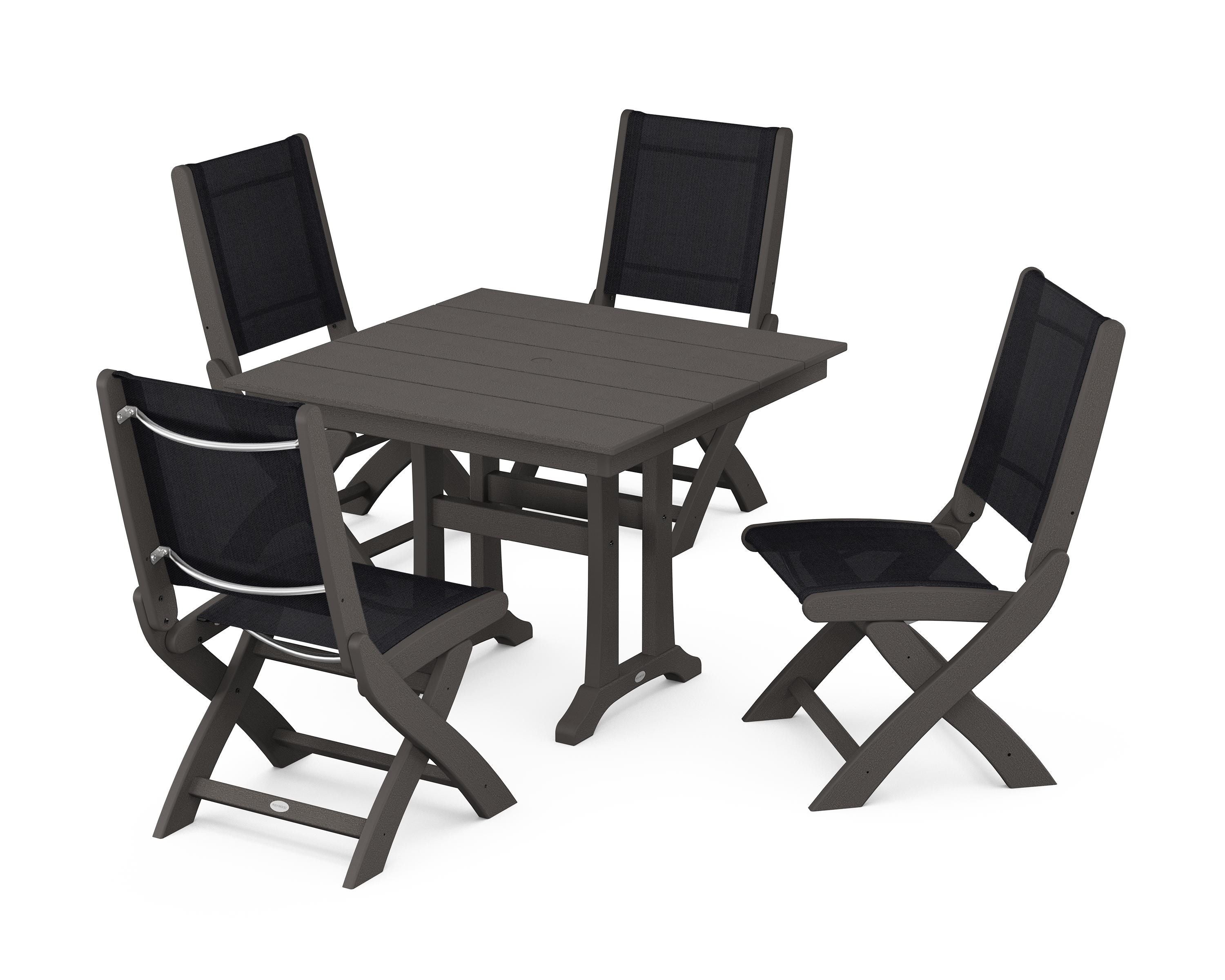 POLYWOOD Coastal Folding Side Chair 5-Piece Farmhouse Dining Set With Trestle Legs in Vintage Coffee / Black Sling