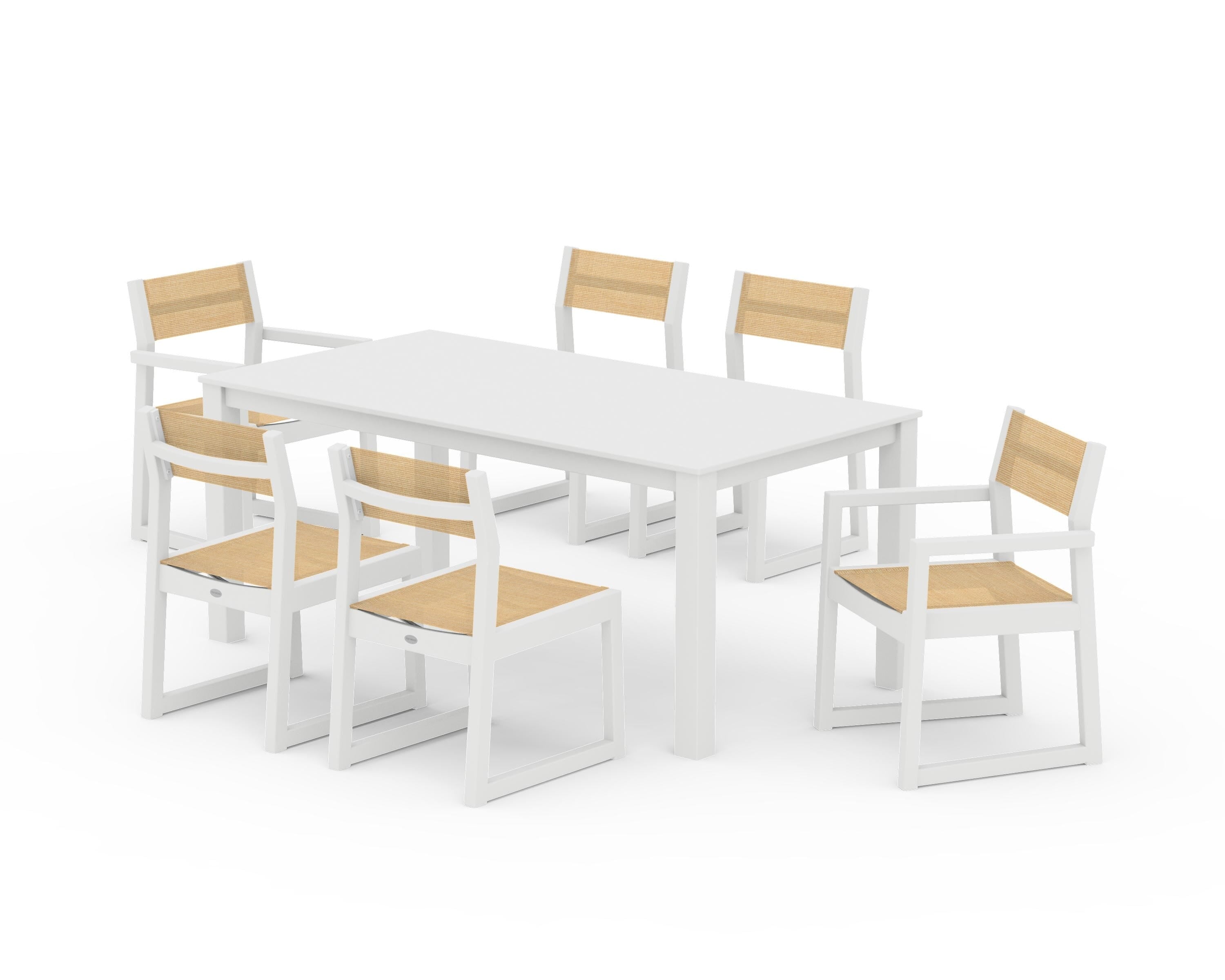 POLYWOOD EDGE Sling 7-Piece Parsons Dining Set in White / Dupioni Apricot Sling