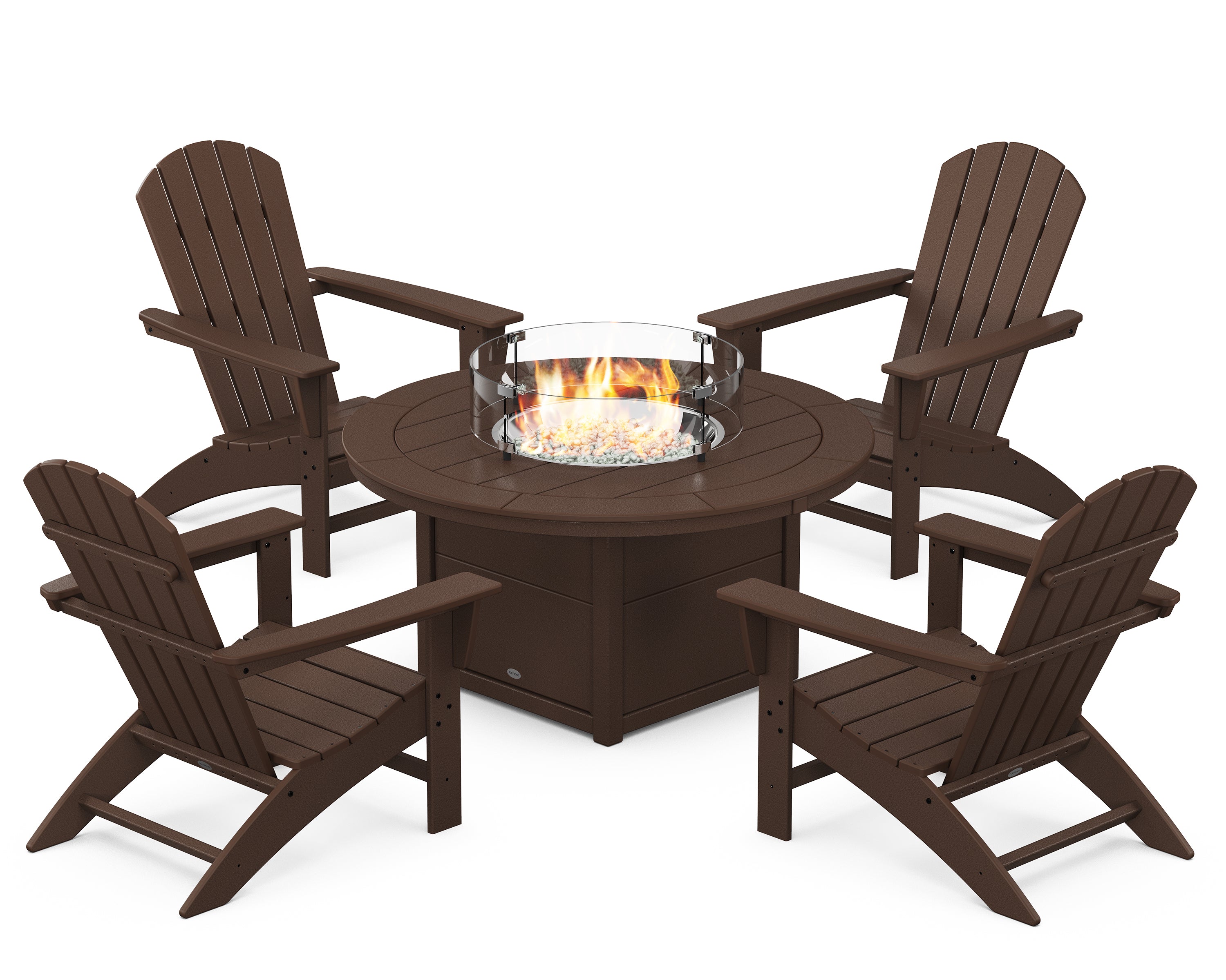 POLYWOOD Nautical 5-Piece Adirondack Chair Conversation Set with Fire Pit Table in Mahogany