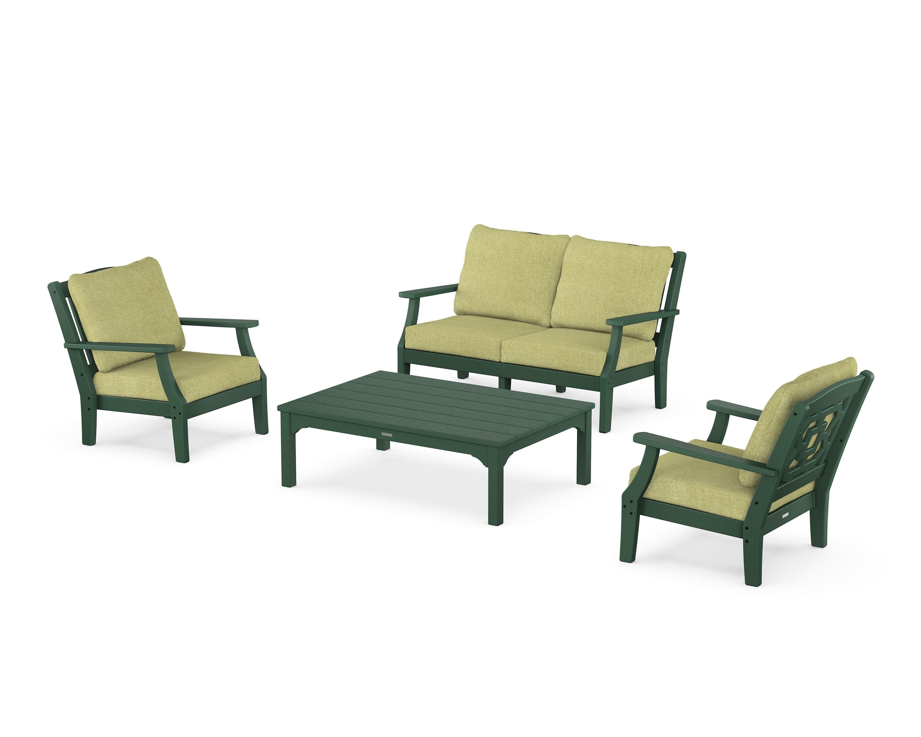 Martha Stewart by POLYWOOD Chinoiserie 4-Piece Deep Seating Set with Loveseat in Green / Chartreuse Boucle