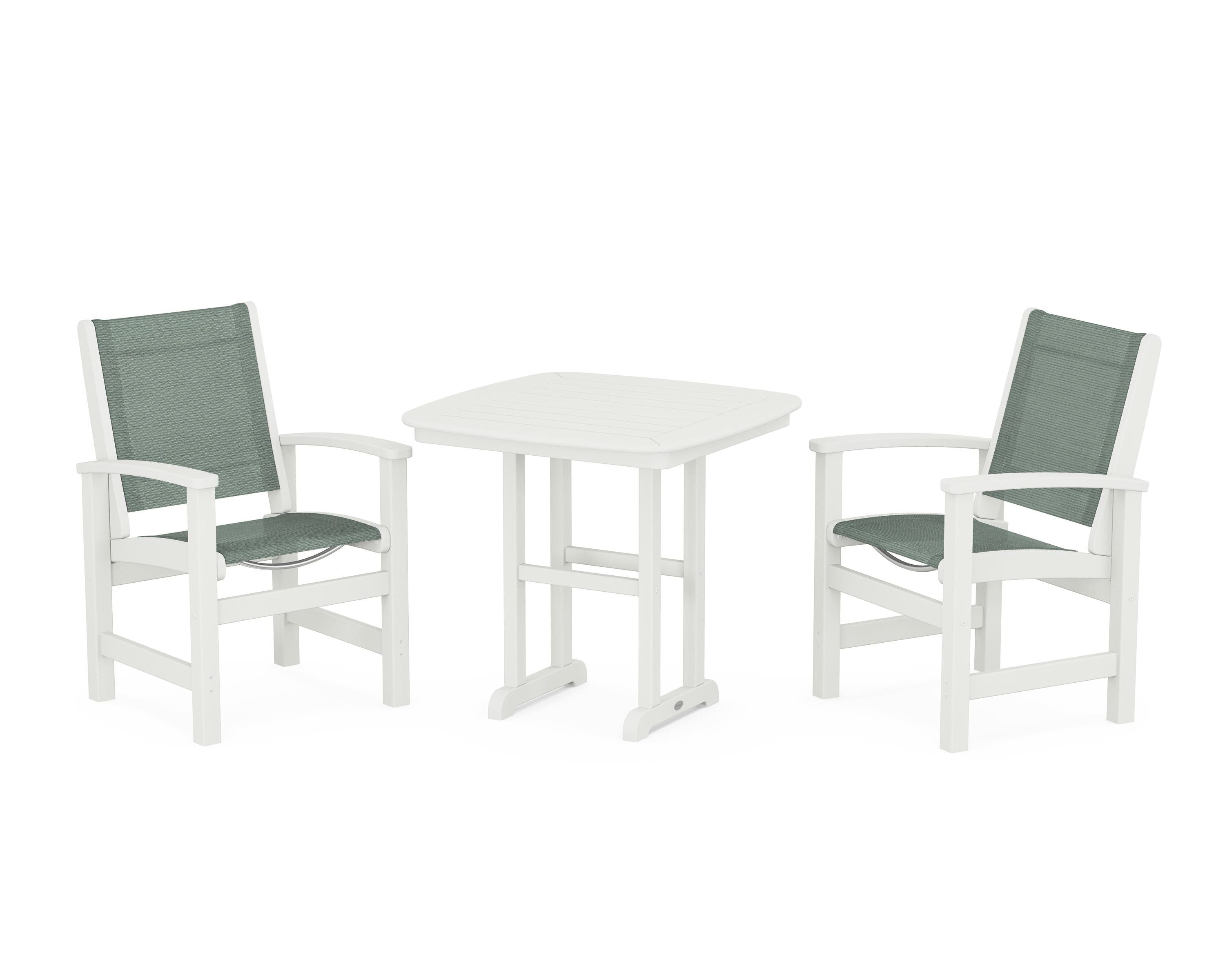 POLYWOOD Coastal 3-Piece Dining Set in Vintage White / Dupioni Sea Mist Sling