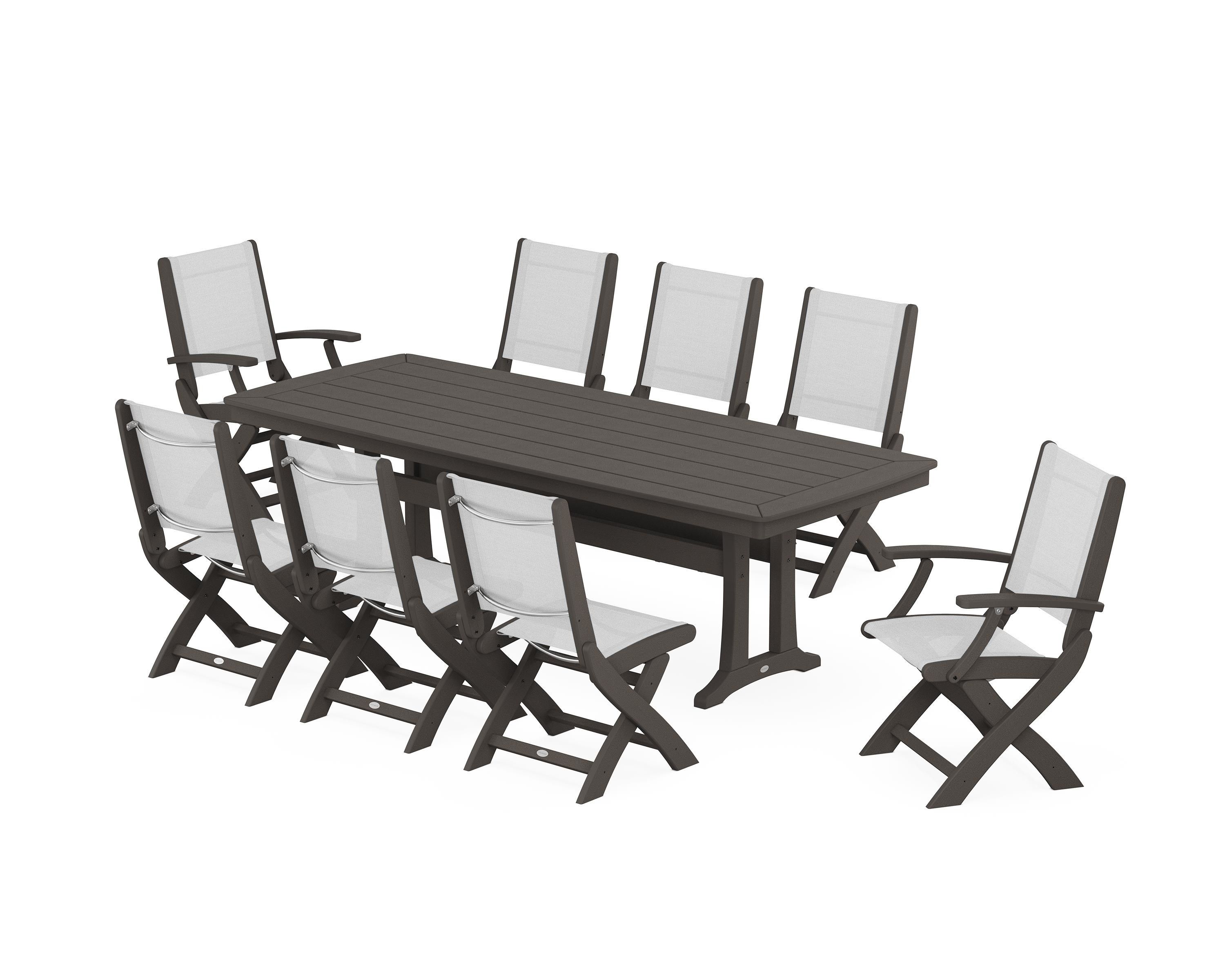 POLYWOOD Coastal Folding 9-Piece Dining Set with Trestle Legs in Vintage Coffee / White Sling